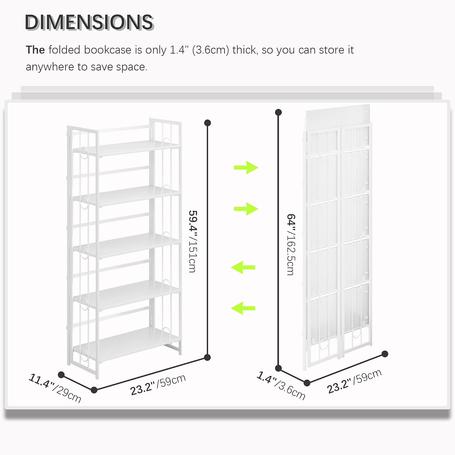 4NM No Assembly 5 Tiers Folding Bookshelf, 59.4' H Foldable Storage Shelves Vintage Bookcase Standing Racks Study Organizer Home Office - All White
