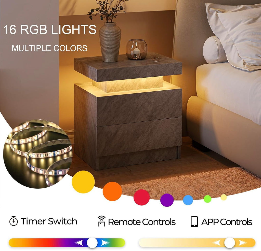 Cubehom Nightstands Set of 2, Bedside Tables with LED Lights, Night Stands with 2 Wood Drawers, End Tables Set of 2 for Living Room/Bedroom