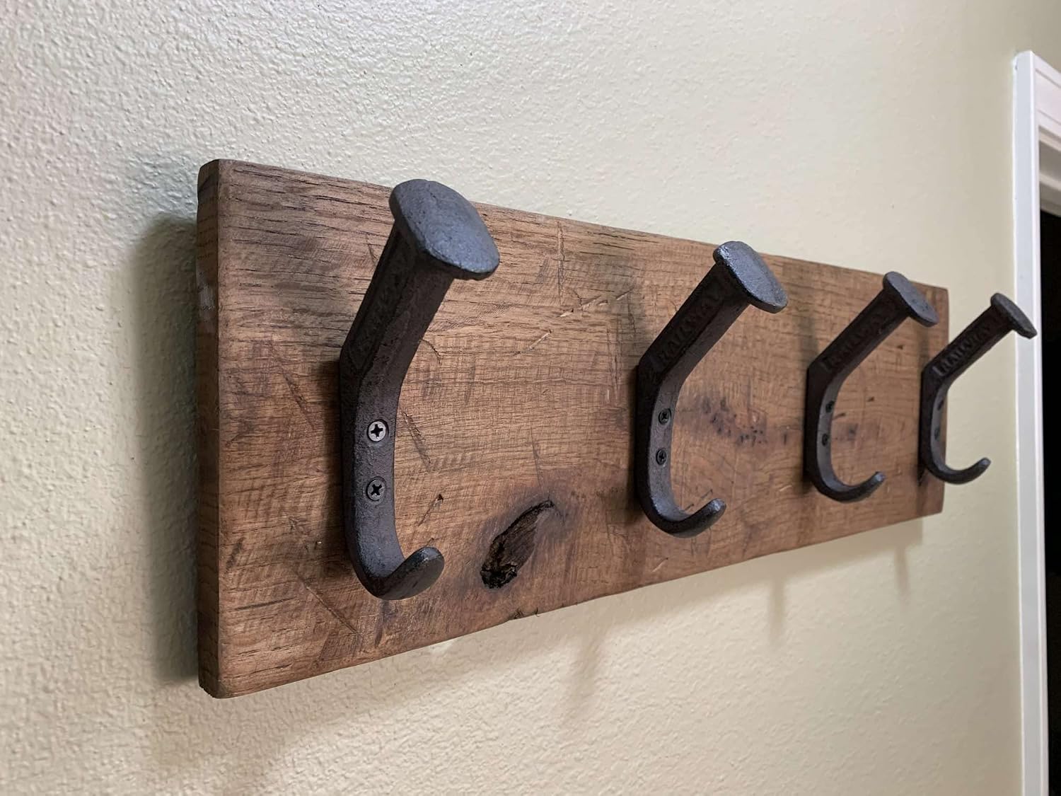Magnolia Oaks Woodshop Rustic Farmhouse Reclaimed Wood Wall Hanging Rack with Railroad Spike Hooks - Holds 8+ Coats & Hats - Handmade in USA