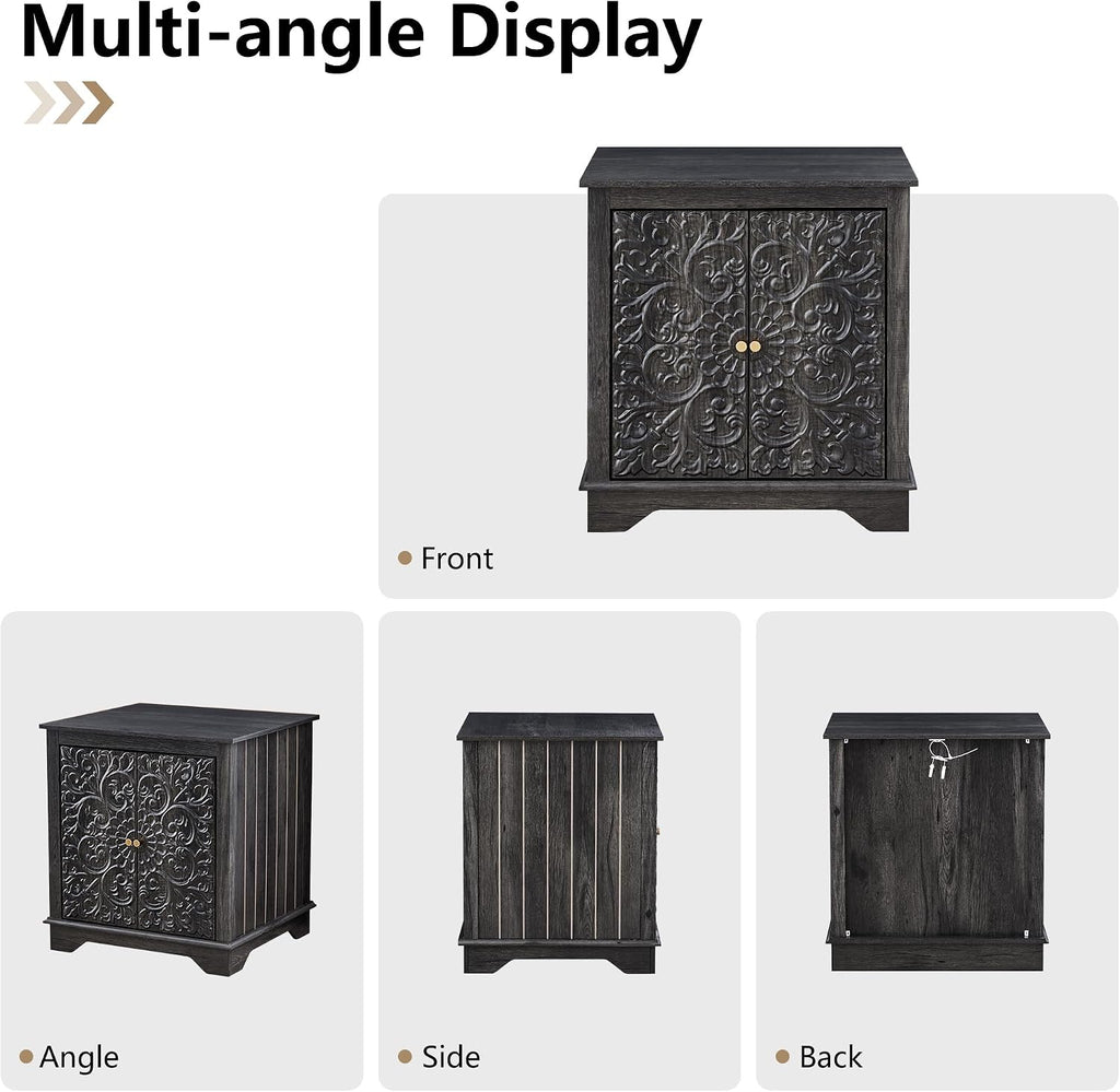 weselon End Table Set of 2, 24' Farmhouse Nightstand with Carved Floral Door & Adjustable Shelf, Square Wooden Sofa Side Table with Storage for Living Room Bedroom (Antique Black-Brown)
