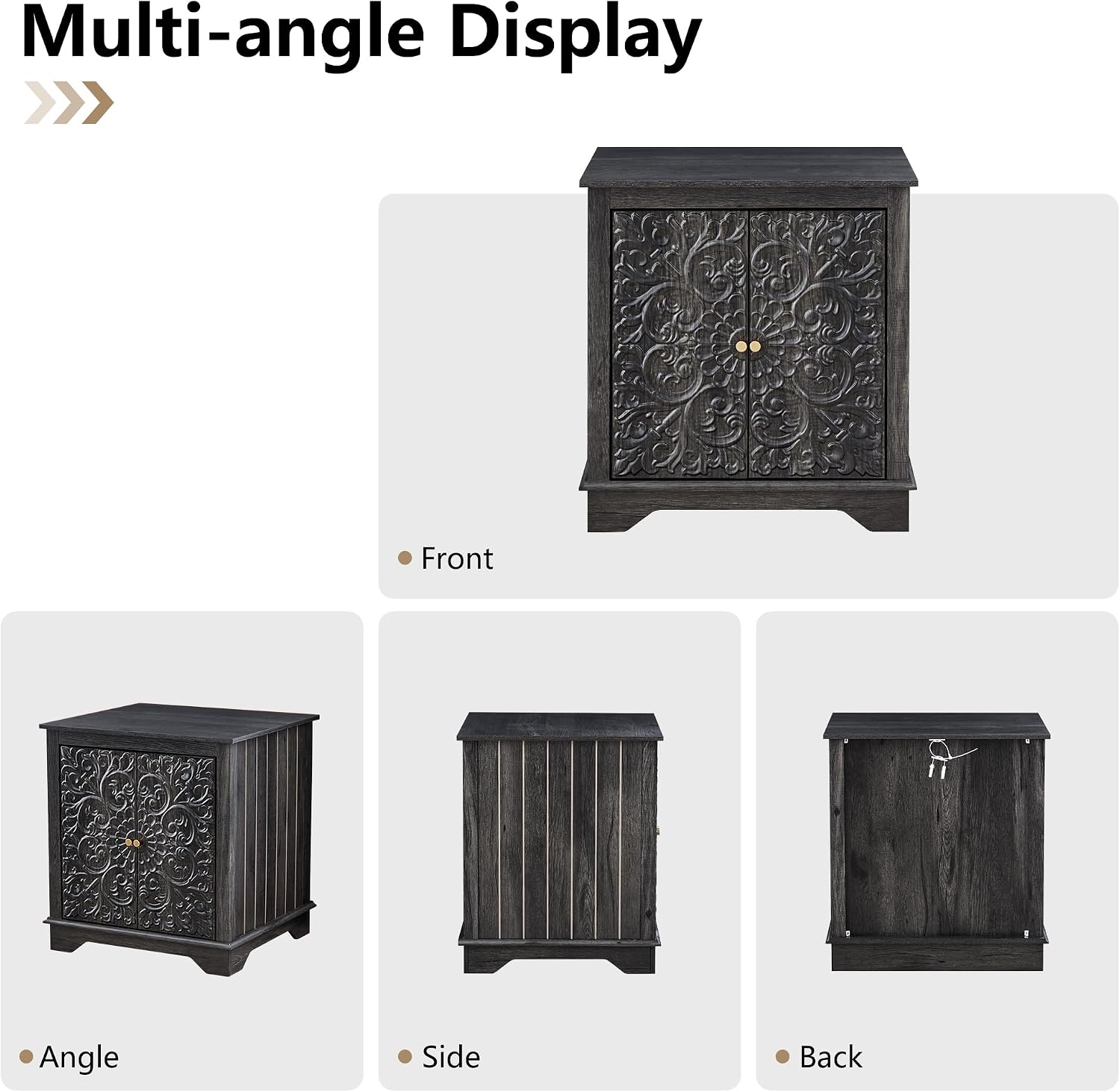 weselon Farmhouse End Table with Carved Floral Door, 24' Wide Nightstand with Adjustable Shelf, Wooden Square Sofa Side Table Storage Table for Living Room Bedroom (Antique Black-Brown)