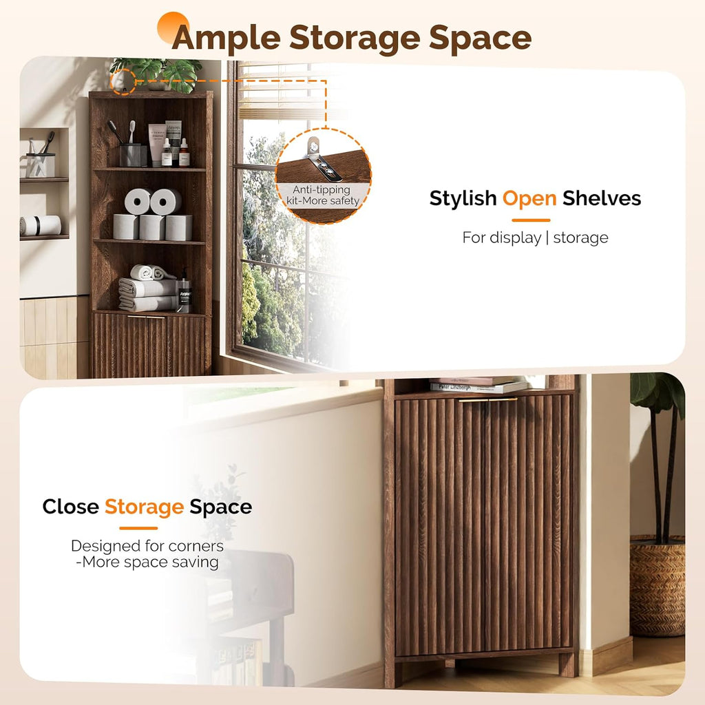 VINGLI Tall Corner Cabinet with Fluted Doors, 68' Walnut Corner Storage Cabinet with Adjustable Shelves, Freestanding Wood Corner Bookshelf for Bathroom, Living Room & Kitchen, Space-Saving