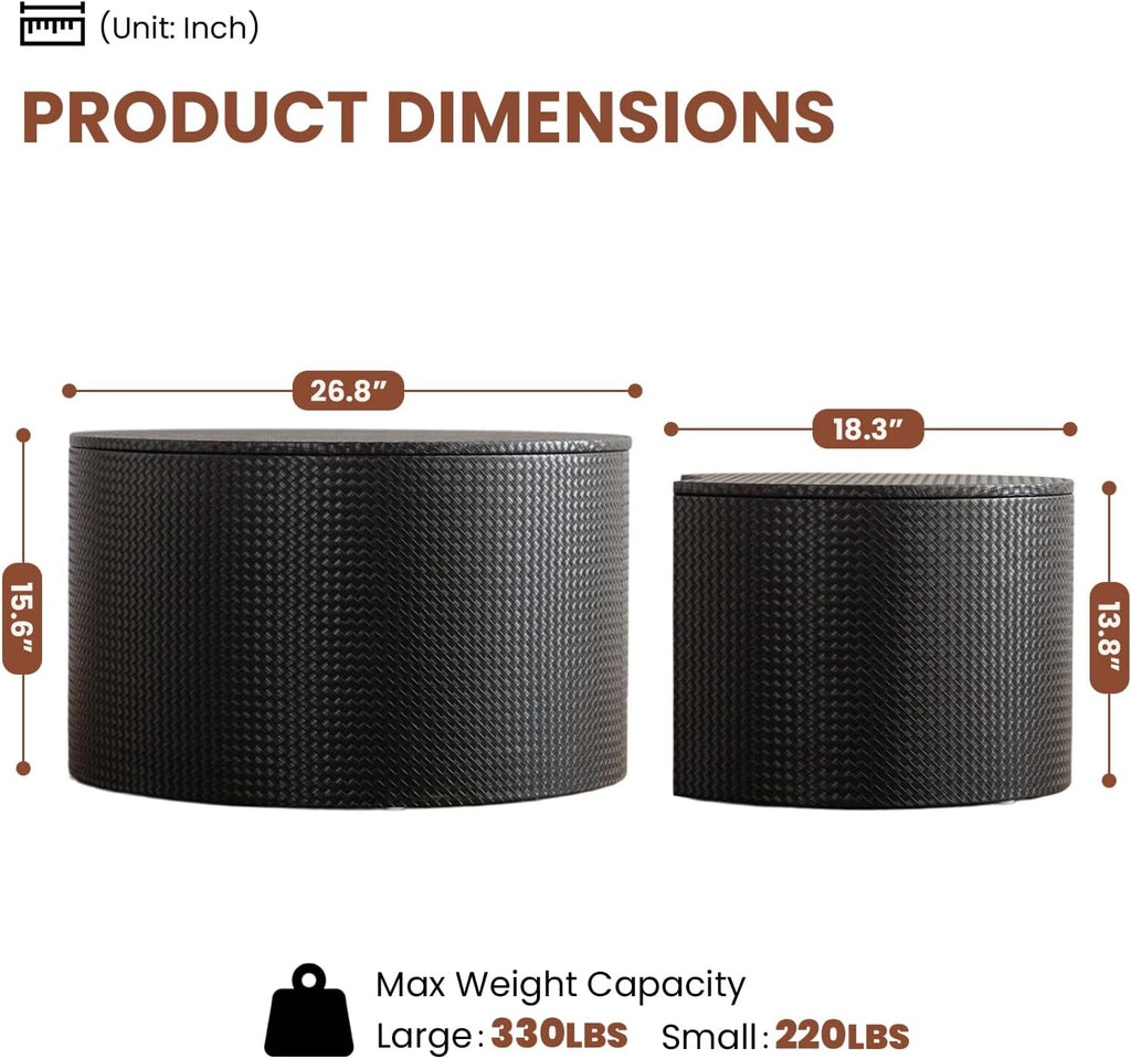 Round Nesting Coffee Table Set of 2 with Storage Modern Wood Coffee Table MDF Frame and Leather Surface Center Table End Side Table for Living Room Bedroom Office, No Assembling (Black)
