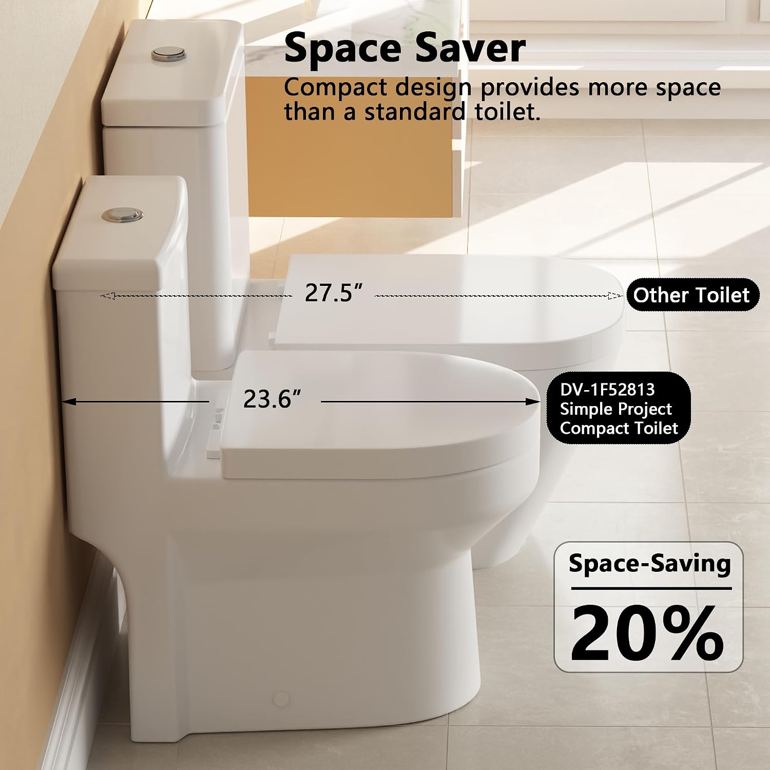 DeerValley Compact One Piece Toilet for Small Bathrooms with Soft Close Seat 12 Inch Rough Dual Flush 0.8/1.28 GPF Toilets In White