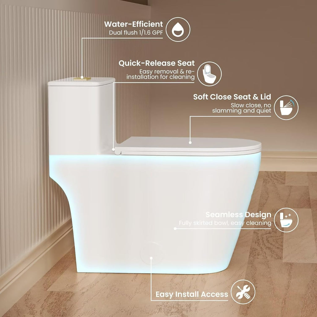 Casta Diva Elongated One Piece Toilet with 17' ADA Comfort Chair Height Seat Compact Toilet for Bathroom Dual Flush 1.1/1.6GPF, 12'' Rough-in, Dual Flush Toilet Button Golden