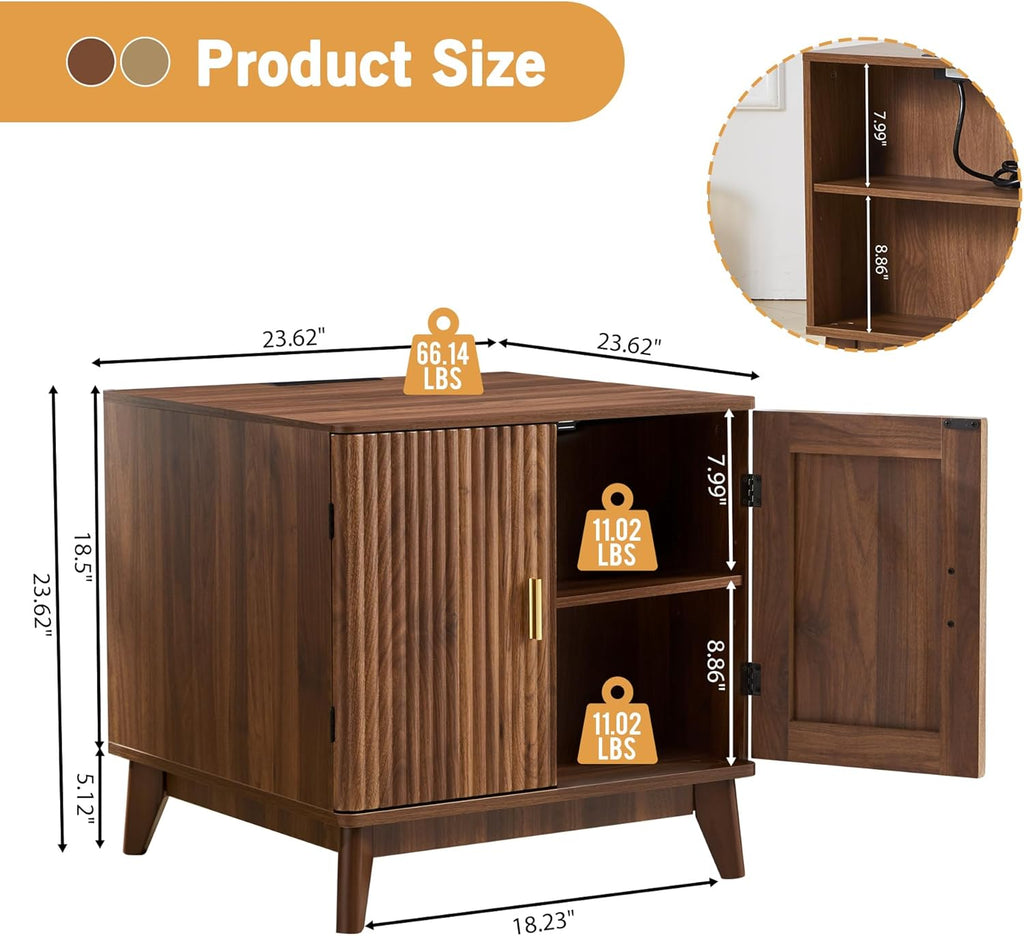 Fluted End Table with Charging Station, Mid Century Modern Nightstand with 2 Doors, Bed Side Table with Storage for Couch, Living Room, Small Spaces, Sofa Side Table for Office, Dorm - Walnut