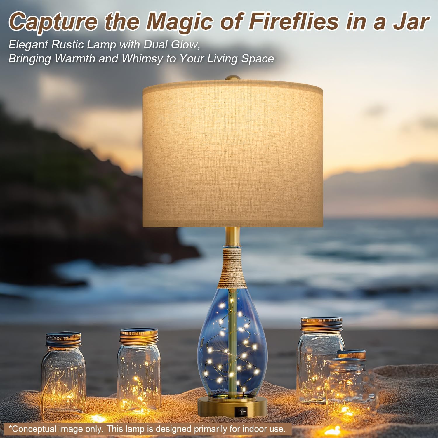 OYEARS 23' Table Lamps for Living Room Set of 2 Bedside Lamps for Night Stands Bedroom Lamps Farmhouse Rattan Boho Lamp Glass Nightlight End Table Lamp with USB C+A (Blue),Two Light Points