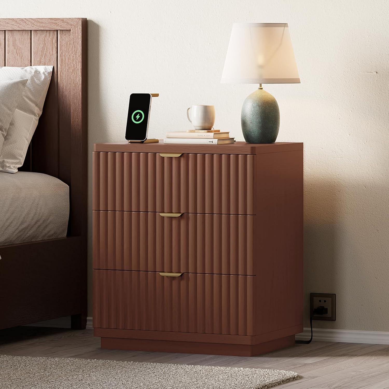 Nightstands Set of 2, Nightstand with Charging Station & 3 Drawers Storage Bedside Table Large Fluted Bed Side End Table, Modern Nightstand for Bedroom Living Room (Walmut)