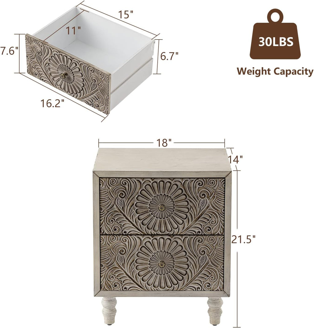 COSIEST 2 Pieces Nightstand, 14' D x 18' W x 21.5' H MDF End Table with 2 Drawers, Vintage Style Wood Bedside Table, Bedroom Accessories for Home, Office, College Dorm