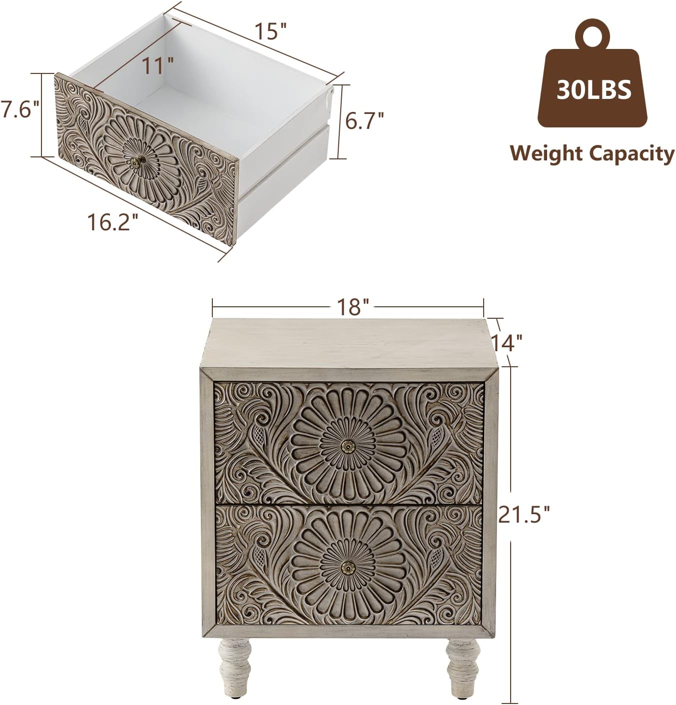 COSIEST 2 Pieces Nightstand, 14' D x 18' W x 21.5' H MDF End Table with 2 Drawers, Vintage Style Wood Bedside Table, Bedroom Accessories for Home, Office, College Dorm