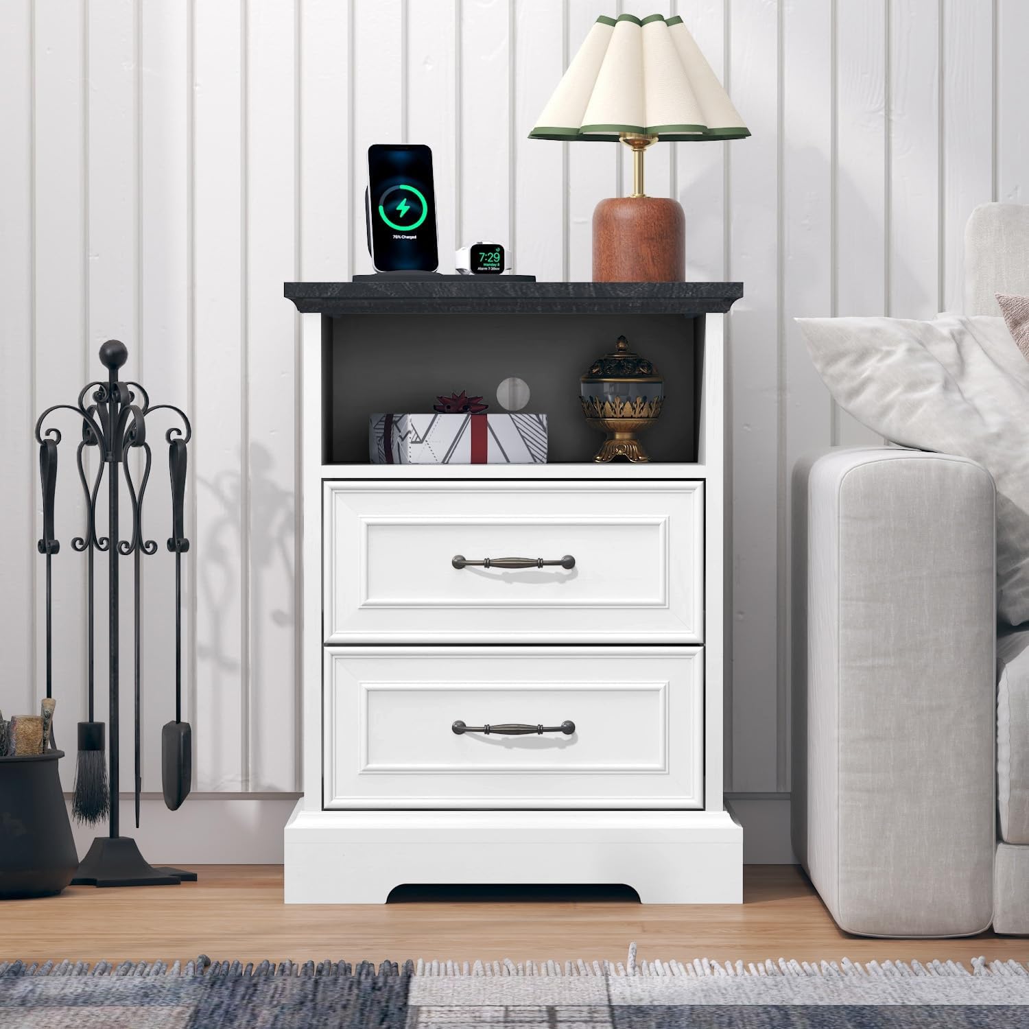 Nightstand with Charging Station,18' Wide End Table with 2 Large Drawers & Metal Handles,Rustic Farmhouse Wood Small Dresser,Bedside Table,Modern Chest of Drawers for Bedroom,Living Room,Off White