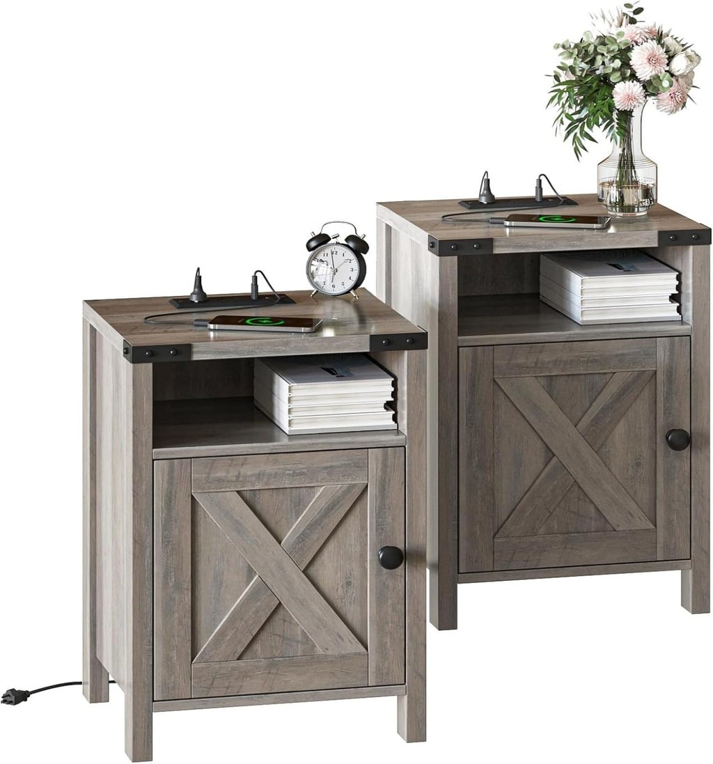 Fameill Farmhouse End Tables Set of 2, Nightstands with Charging Station, Bedside Tables with Barn Door and Open Compartment, Rustic Living Room Bedroom Side Table, Wash Grey