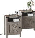 Fameill Farmhouse End Tables Set of 2, Nightstands with Charging Station, Bedside Tables with Barn Door and Open Compartment, Rustic Living Room Bedroom Side Table, Wash Grey