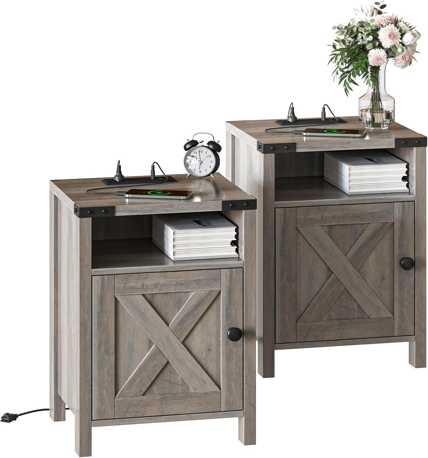 Fameill Farmhouse End Tables Set of 2, Nightstands with Charging Station, Bedside Tables with Barn Door and Open Compartment, Rustic Living Room Bedroom Side Table, Wash Grey