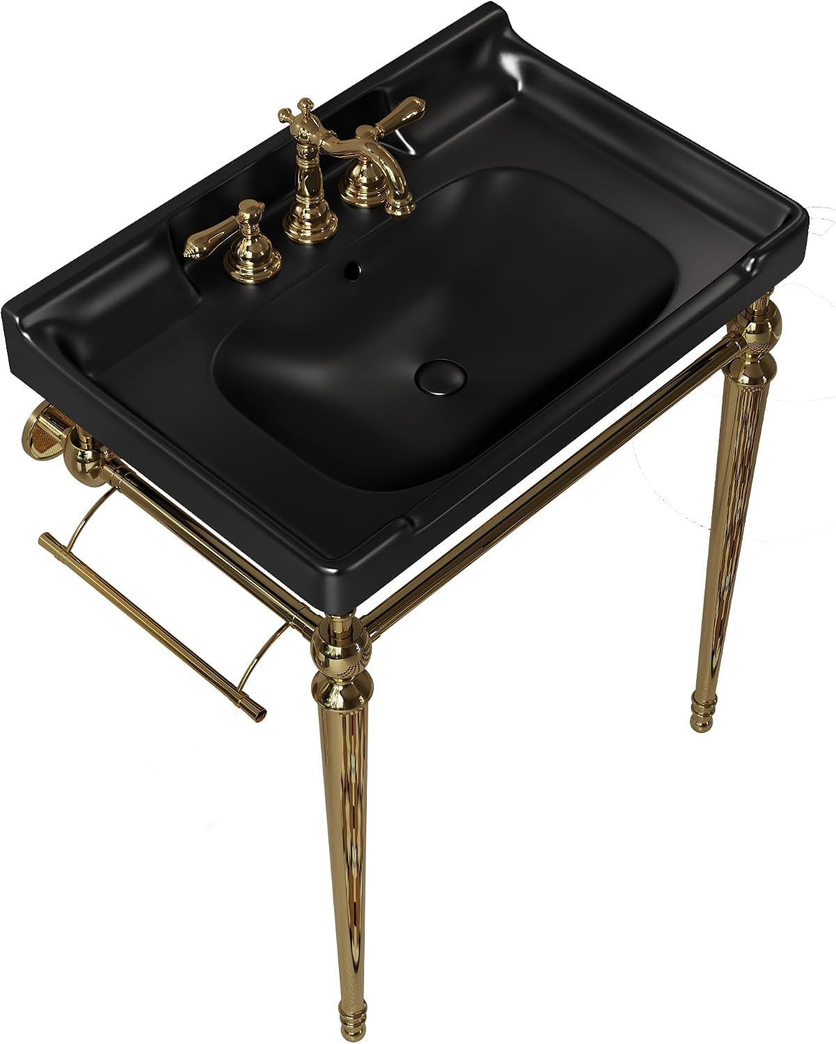 28' Bathroom Console Sink, Wall Mounted Black Ceramic Vanity Basin with 3 Pre drilled Faucet Holes, Freestanding Stainless Steel Support Legs with Towel Bar, No Faucet Sink Cover, Gold Color