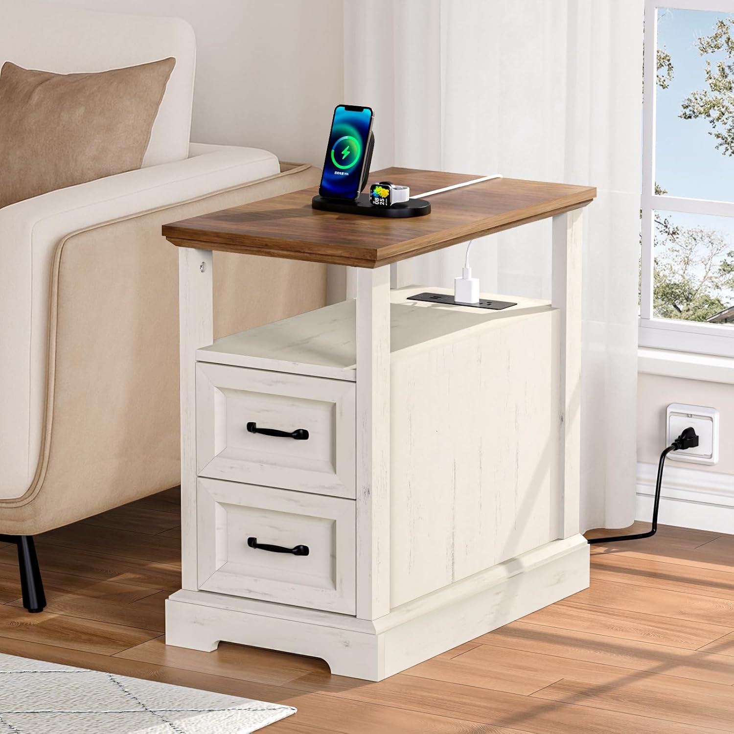 HOMMPA 23.6'' Farmhouse End Table with Charging Station Set of 2, Rustic Night Stand w/ 2 Drawers & Open Shelf, Wood Sofa Side Table Bedside Table for Living Room, Roman Column Design, Rustic White