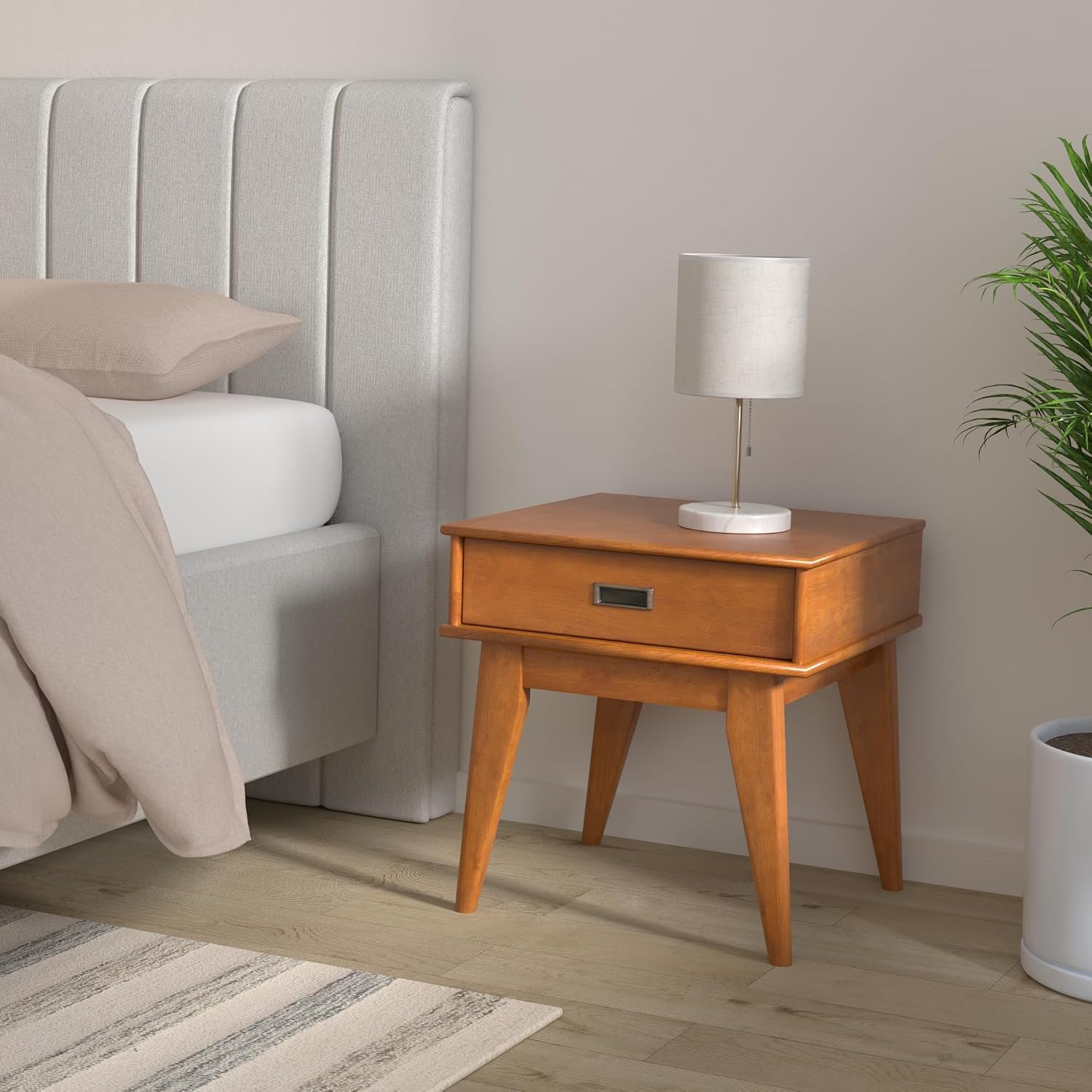 SIMPLIHOME Draper End Table - 22 inch Wide Solid Hardwood Rectangular Accent Table with Storage Drawer in Teak Brown, Mid-Century Modern Nightstand or Lamp Stand for Living Room or Bedroom