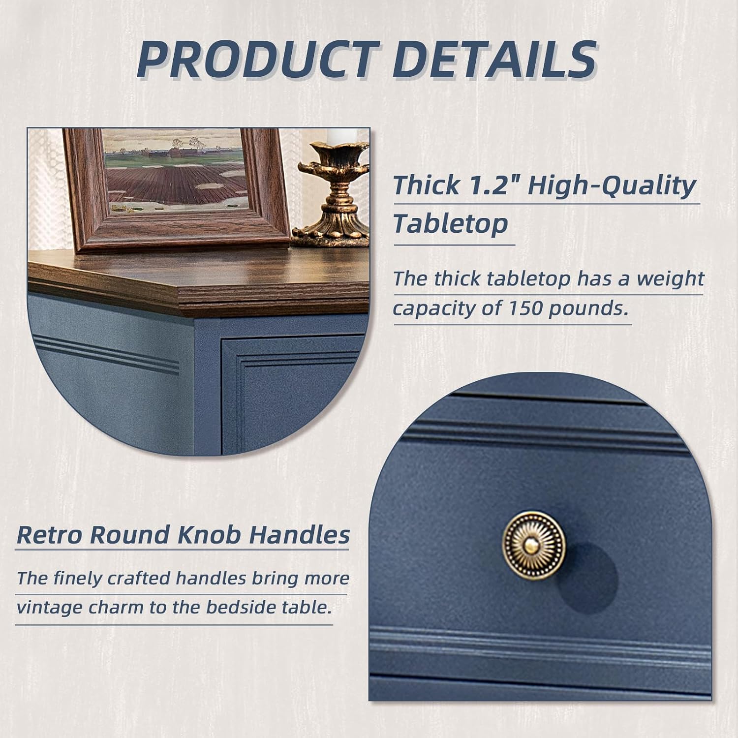 Joaxswe 24' Wide Farmhouse Night Stand Set of 2,Large End Table with 3 Drawers & Metal Handle,Blue Dresser for Bedroom,Bed Side Table Chest of Drawers Cabinet,Wood Nightstand for Living Room,Closet