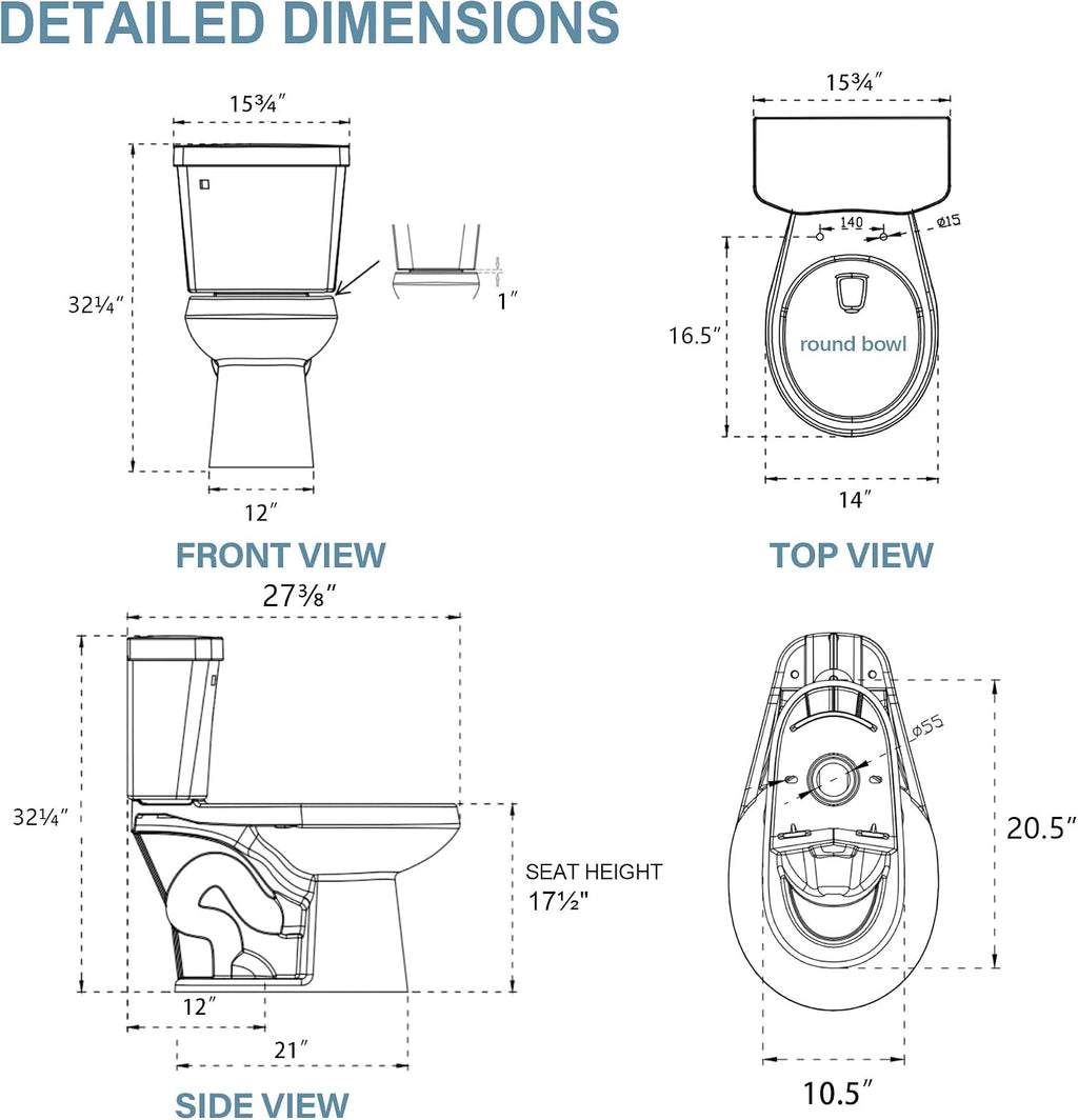 17.5' ADA Compact Chair Tall Toilet for Seniors 1.28 Single Flush White | Round High Toilet for Small Bathroom Space, Comfort Bowl Height 16.75', 12' Rough In