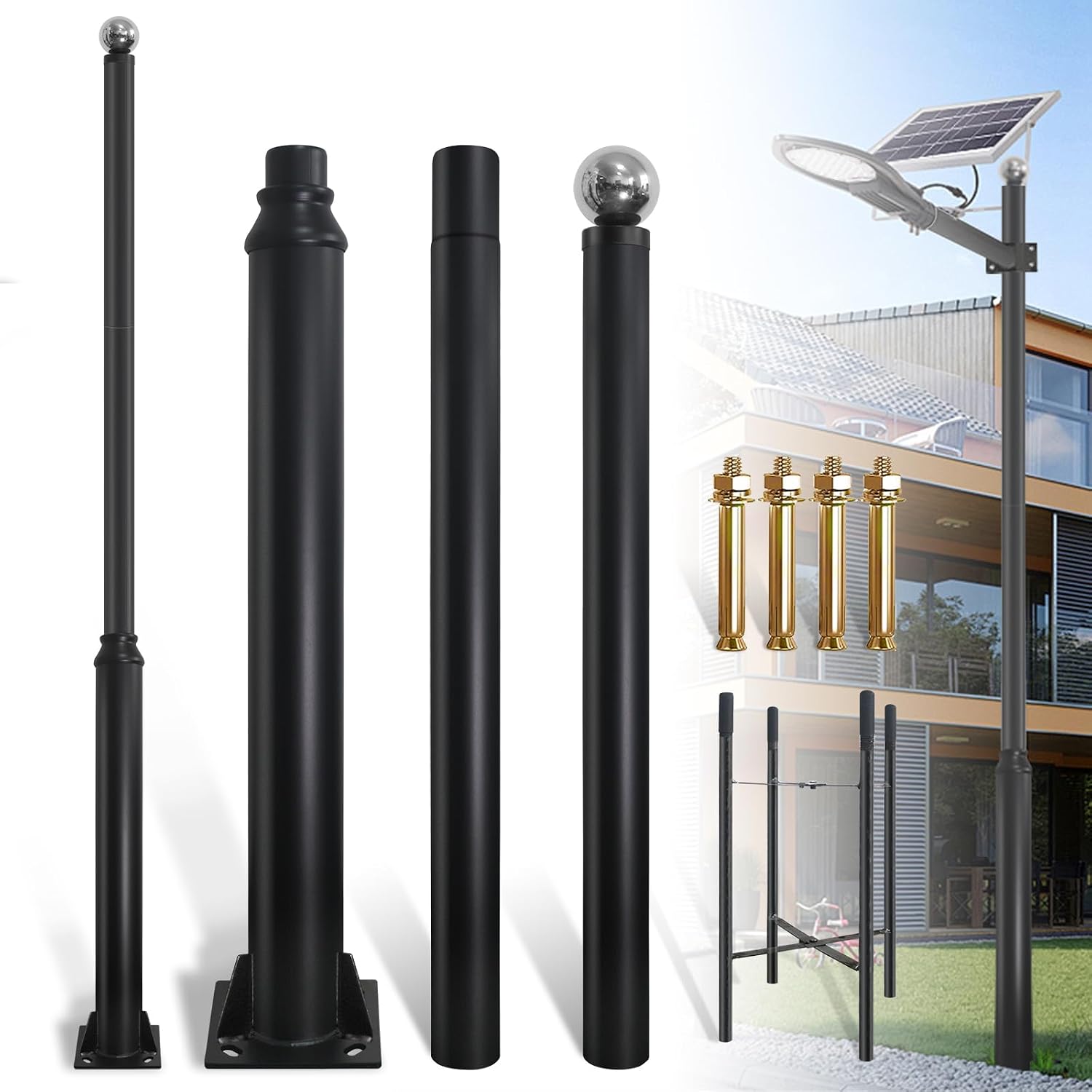 Street Light Pole 10ft Tall, Black Outdoor Galvanized Heavy-duty Metal Solar Street Lamp Post, Suitable for Outdoor Street and Courtyard Lighting Fixtures with Mounting Rebar Cage (10 FT 114+76mm)