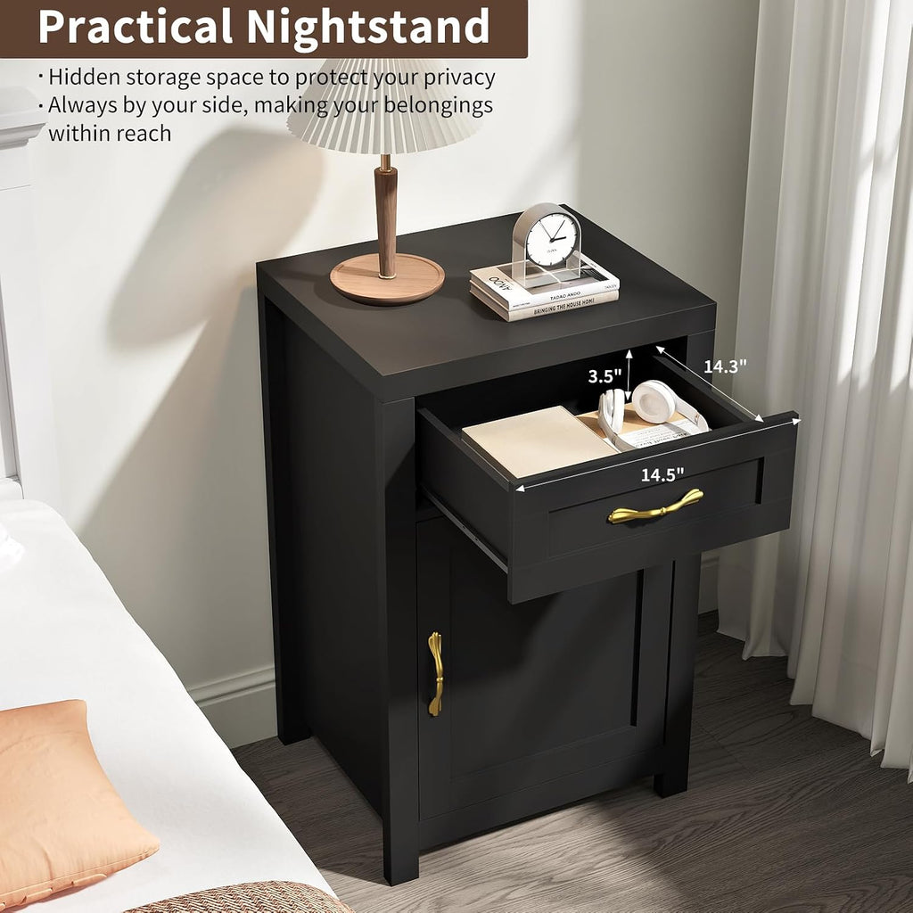 Black Nightstand Set of 2 with Drawer, Farmhouse End Table with Storage Cabinet and Adjustable Shelf, 30' Tall Bedside Table Rustic Wood Sofa Side Table for Living Room, Bedroom