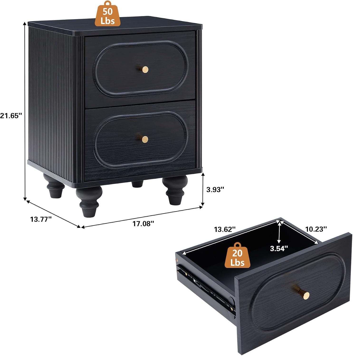 2 Drawer Fluted Nightstand Set of 2, Mid Century Modern Farmhouse Night Stand Small End Table Bedside Table for Bedroom, Living Room, Black