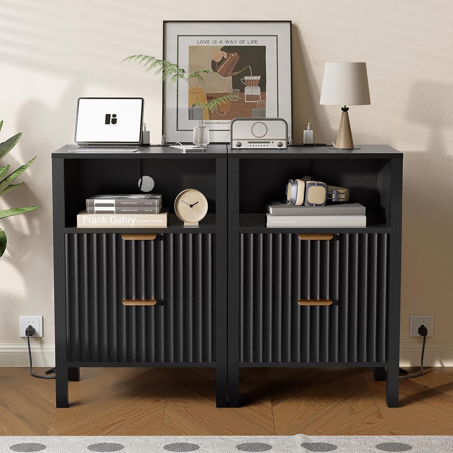 Nasonet Night Stand Set of 2, Fluted End Table Set of 2, Modern Nightstand with Charging Station, Wood Bedside Table with Storage Drawer for Bedroom, Black