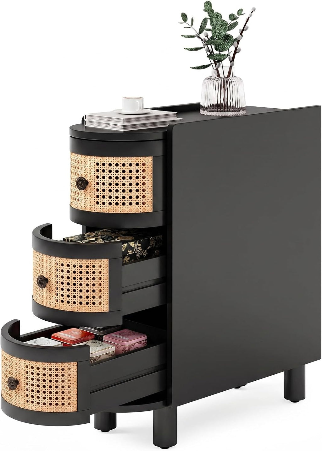 LITTLE TREE End Table, Rattan Narrow Side Table with 3 Drawers, No Assembly Required, Solid Wood Nightstand, Bedside Table for Living Room, Bedroom, Office, Bathroom, Black