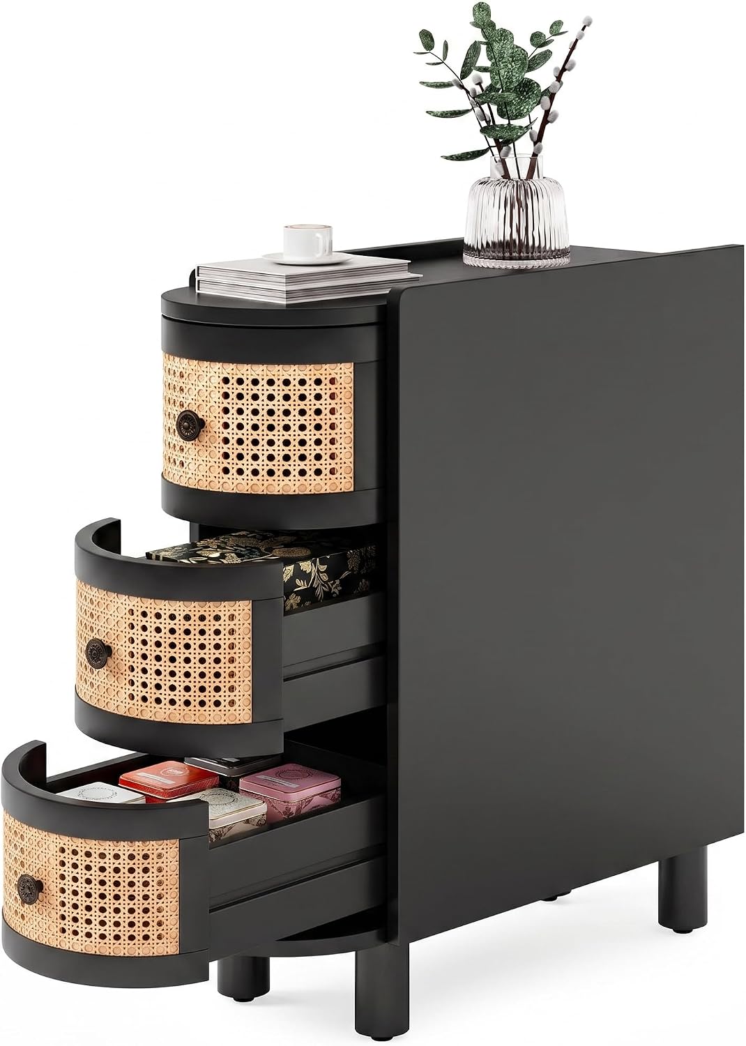 LITTLE TREE End Table, Rattan Narrow Side Table with 3 Drawers, No Assembly Required, Solid Wood Nightstand, Bedside Table for Living Room, Bedroom, Office, Bathroom, Black