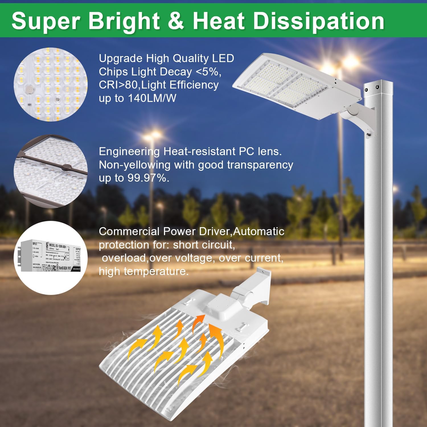 300W LED Parking Lot Lights, 42000LM(140LM/W) 5000K White LED Shoebox Street Light, Surge Protection Built-in, Dimmable Outdoor Commercial Area Lighting, IP65 Waterproof, AC100-277V, UL Listed