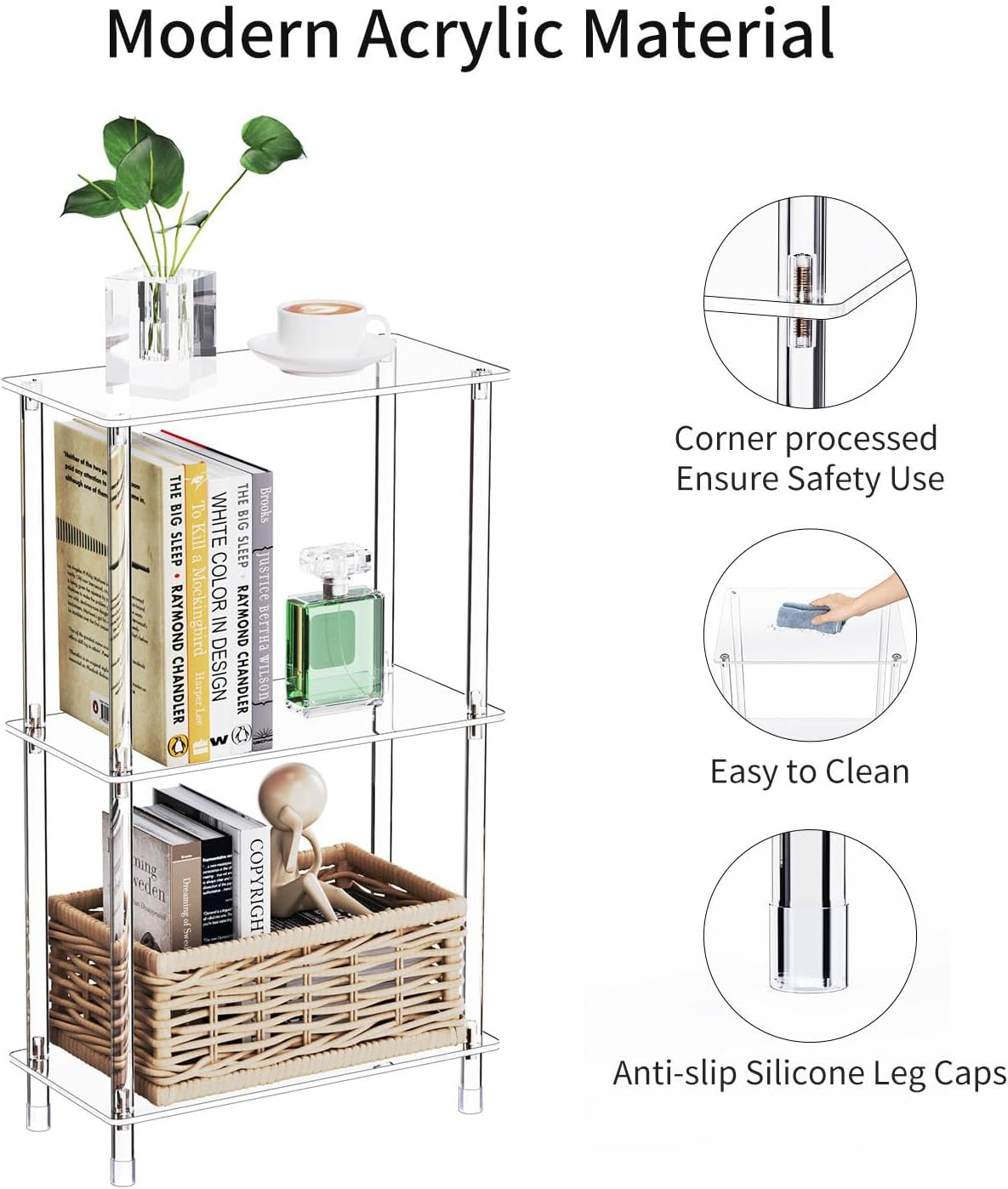 Clear Acrylic Narrow Side Table Set of 2 for Small Spaces, 15.75' L x 7.87' W x 26.7' H, 3 Tier Rectangle Slim End Table Nightstand, Small Mini Skinny Bedside Table for Bedroom, Living Room