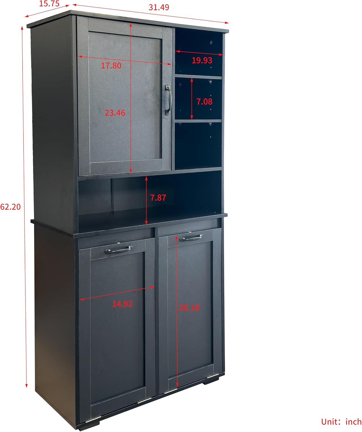 Bathroom Storage Cabinet with 2 Tilt-Out Bins, Freestanding | Particle board, MDF, melamine finish, 2 tilt-out bins, adjustable shelf, open shelves, bathroom, 31.5 W x 15.75 D x 63 H in