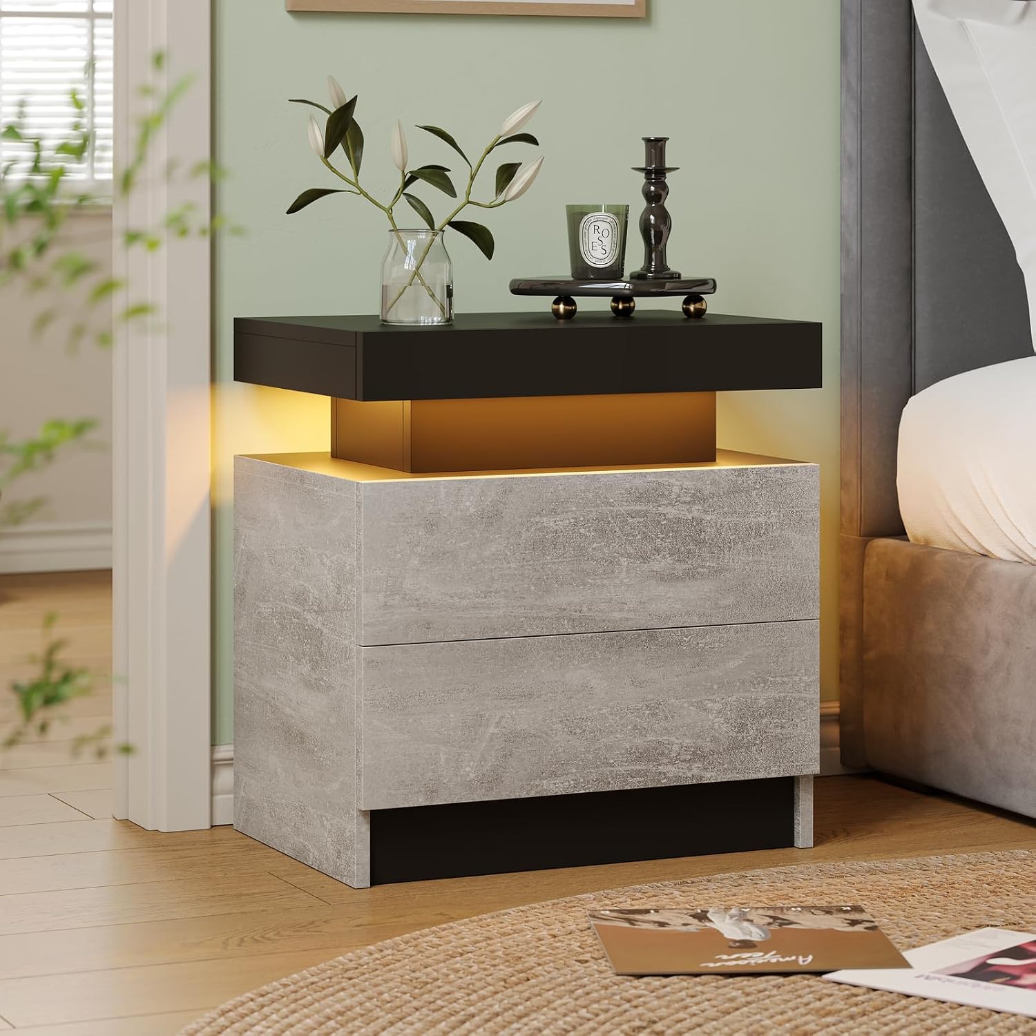 Cubehom Nightstands Set of 2, Bedside Tables with LED Lights, Night Stands with 2 Wood Drawers, End Tables Set of 2 for Living Room/Bedroom