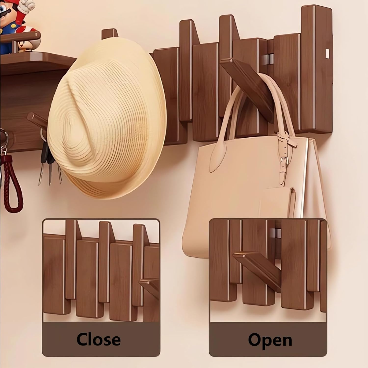 Wall Mounted Piano Key Hanger | Flip Style Hook | Entrance Wall Art Hook, Made of Oak Wood (3 Times Painted, 4 Times Polished) (Fence Beech, 12Hooks)
