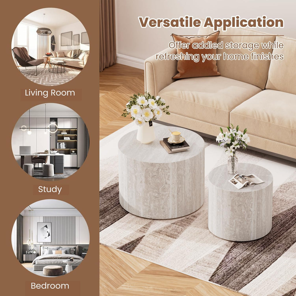 WXFKLDJ Round Nesting Coffee Table Set Cylindrical Wooden Coffee Table Sofa Center Table Circle Embossed Design Side Table for Living Room Apartment No Assembly (Marble)