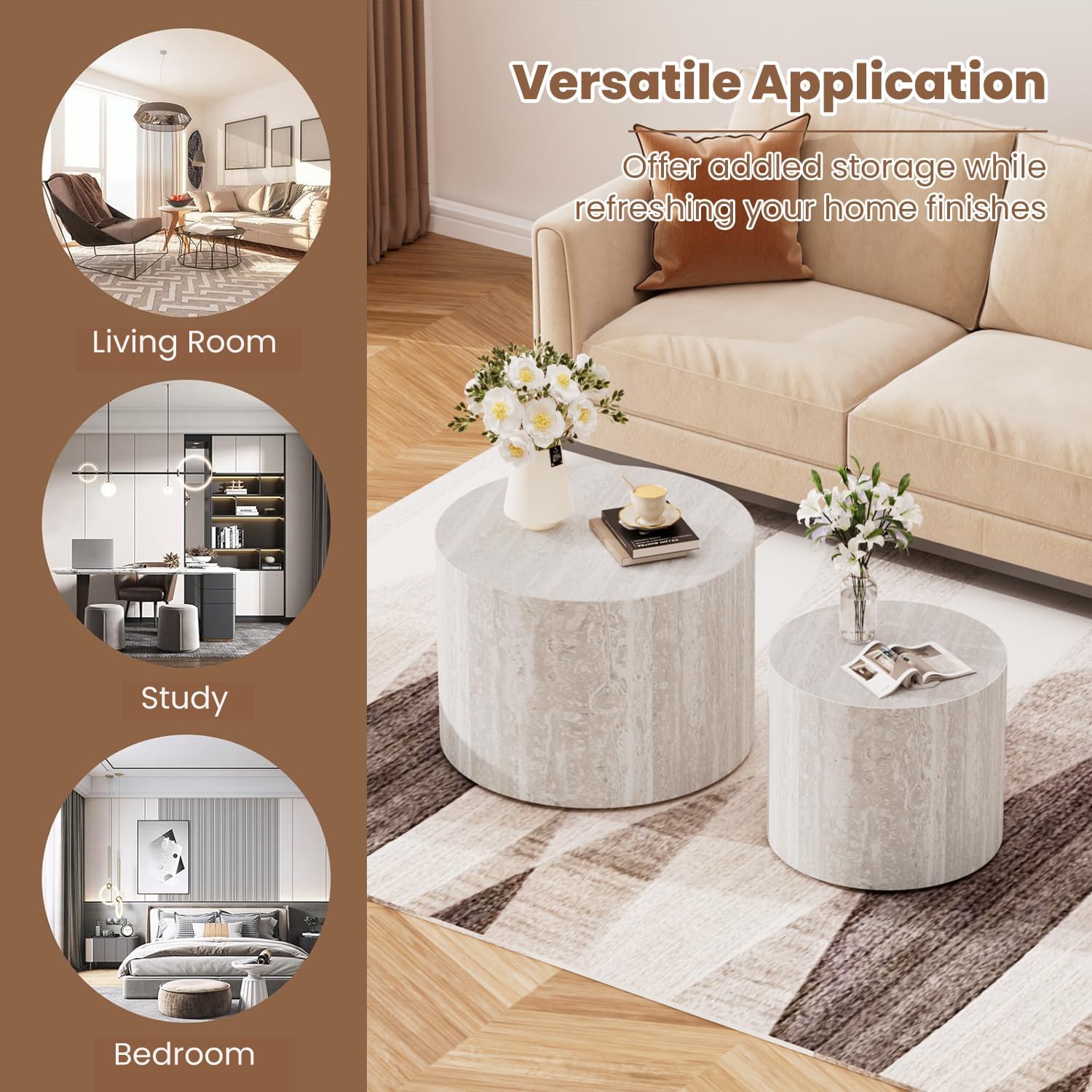 WXFKLDJ Round Nesting Coffee Table Set Cylindrical Wooden Coffee Table Sofa Center Table Circle Embossed Design Side Table for Living Room Apartment No Assembly (Marble)