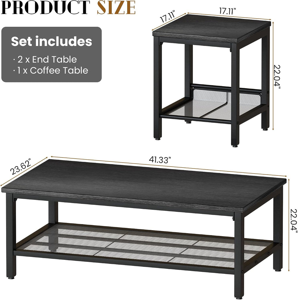 Lamerge 3 Pieces Living Room Table Set, Industrial Coffee Table with 2 Square End Side Tables, Coffee Table Set with Metal Frame for Apartment Home Office, Black