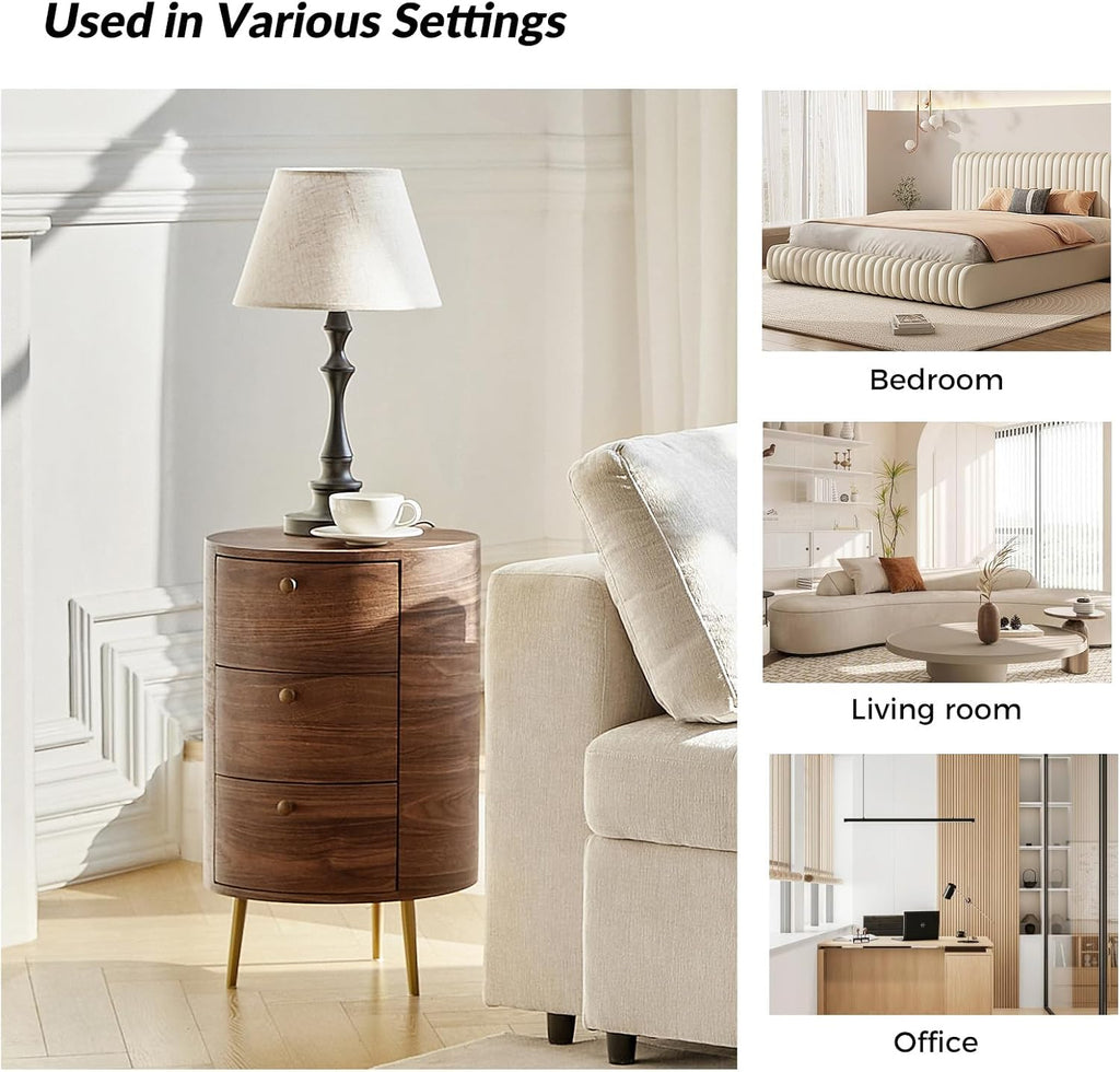 HULALA HOME Round End Table with 3 Storage Drawers, Mid Century Modern Sofa Side Table with Metal Legs, Farmhouse Wood Small Side Table for Living Room, Bedroom and Small Spaces, Walnut