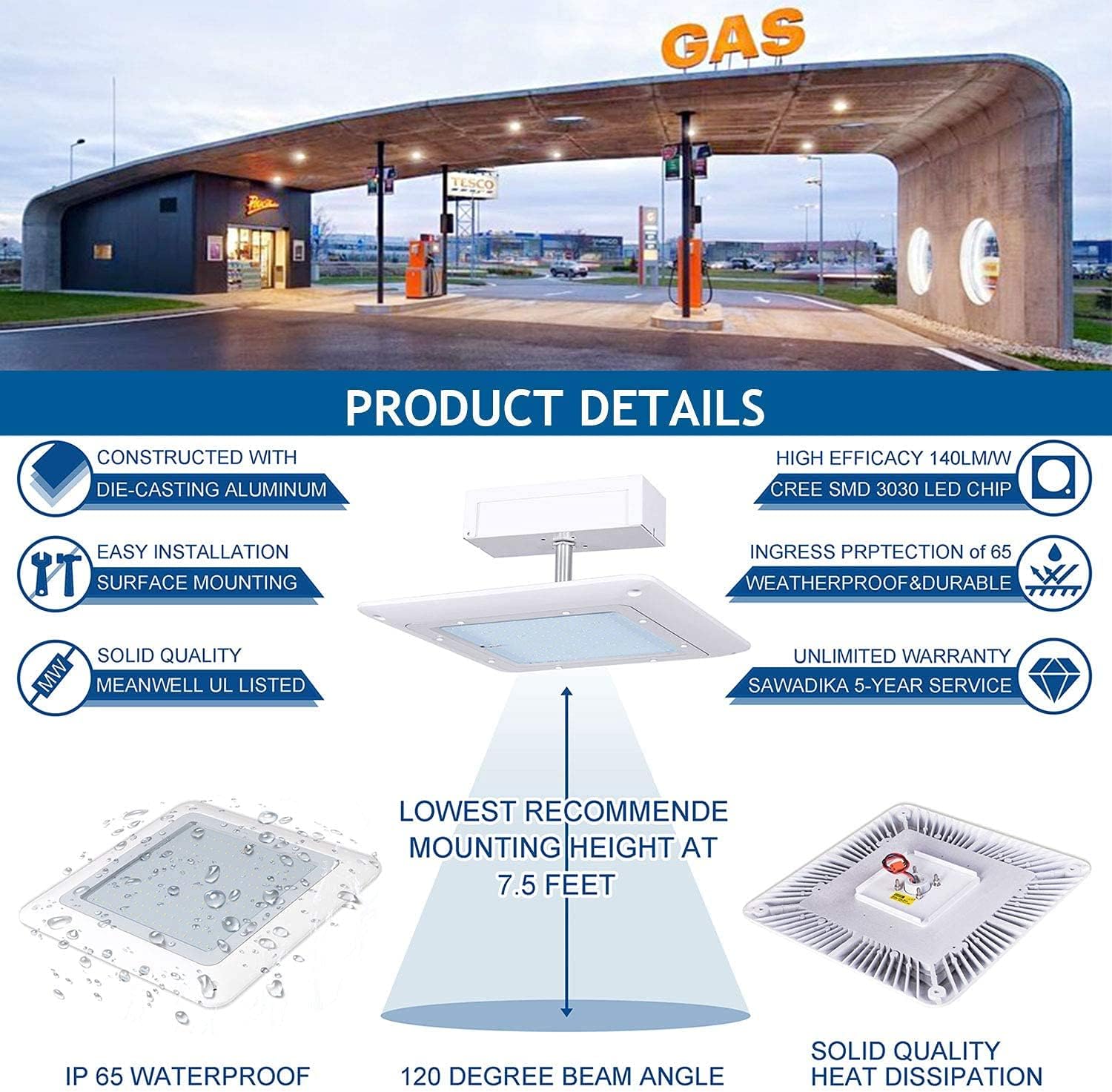 SAWADIA 200W LED Canopy Light,28000 Lumens,600-850W HPS/HID Replacement,140 LM/W, 5700K Cool White, Waterproof and Outdoor Rated, DLC&UL Listed, Gas Station, Street, Area & Outdoor Lighting, White.
