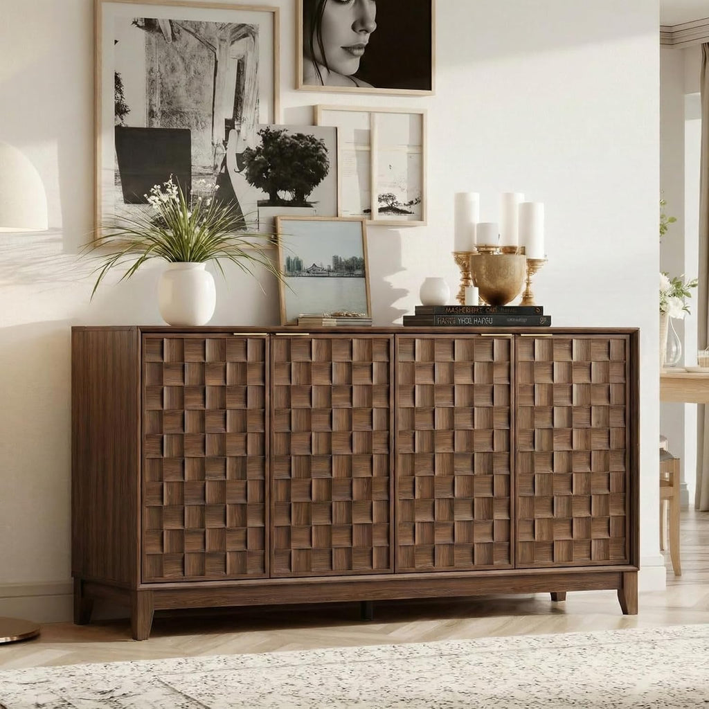 COLAMY 60' Sideboard Buffet Cabinet with Storage, Modern 4-Door Buffet Table with 3D Checkerboard Doors & Solid Wood Legs, Large Coffee Bar Cabinet for Dining Room, Living Room, Entryway, Espresso