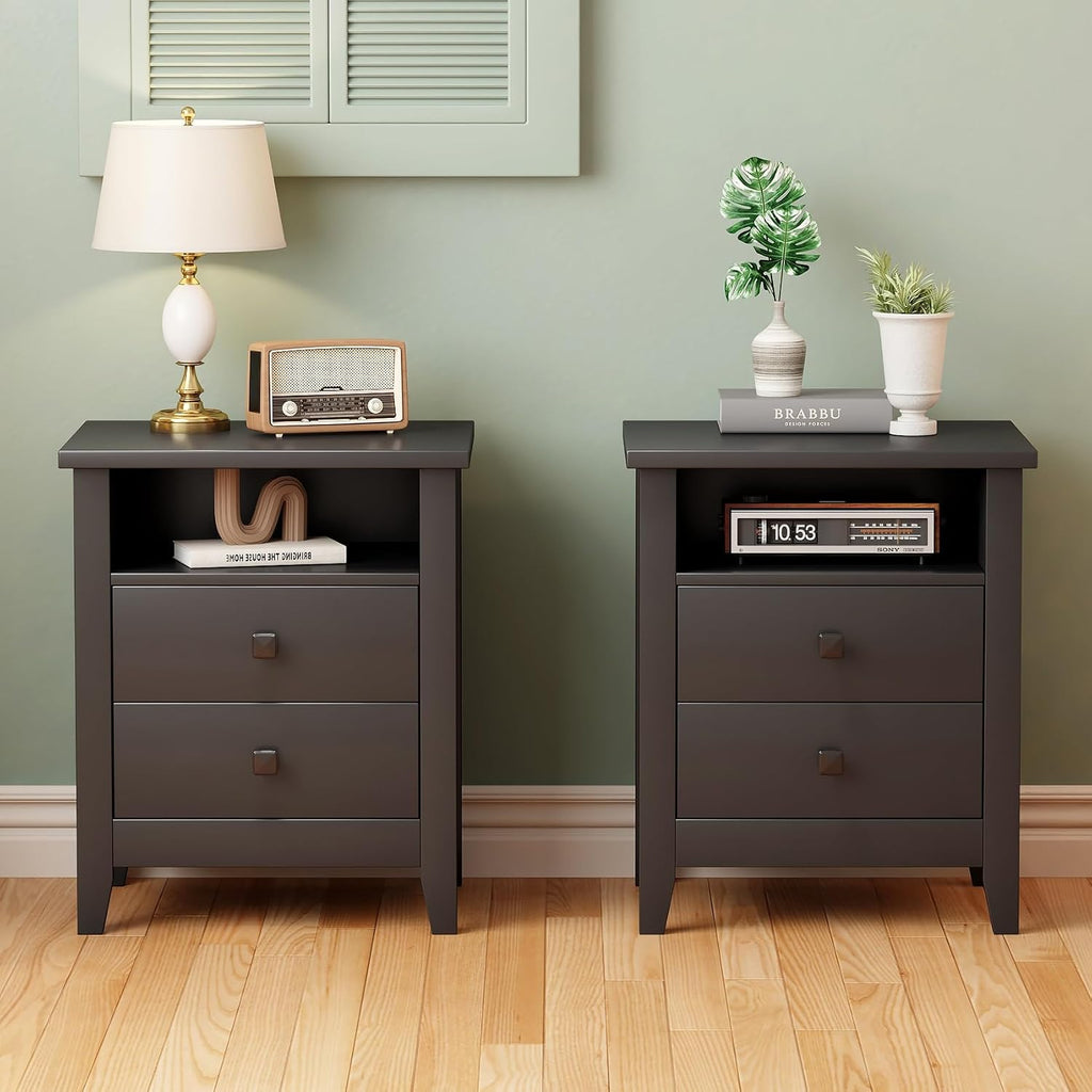 JSB Farmhouse Nightstand Set of 2, Night Stand with 2 Drawers,Open Shelf, End Table/Bed Side/Side Table for Bedroom, Kids Room, Living Room (Black, 18.7' W x 15' D x 23.8' H (2 Drawers))
