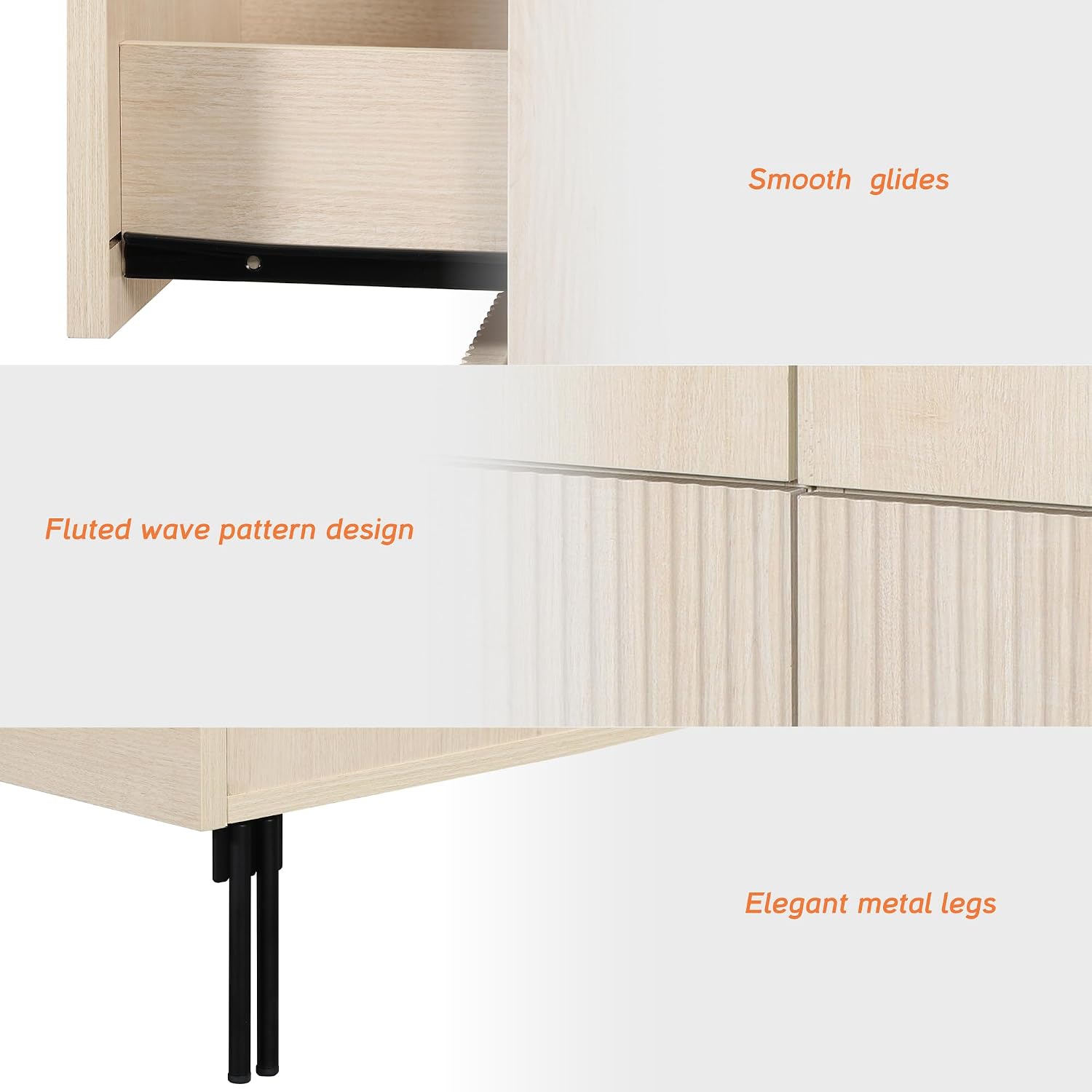 WAMPAT 30.2' Tall Fluted Nightstands Set of 2 with 3 Large Drawers, Mid Century Nightstand End Table with Hidden Handle, Wooden Bedside Table with Storage for Bedroom, Beige