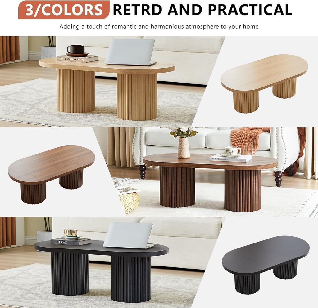 Small Fluted Coffee Table, Farmhouse Oval Wood Coffee Table Mid Century Modern Center Table Boho Living Room Tables for Living Room, Black