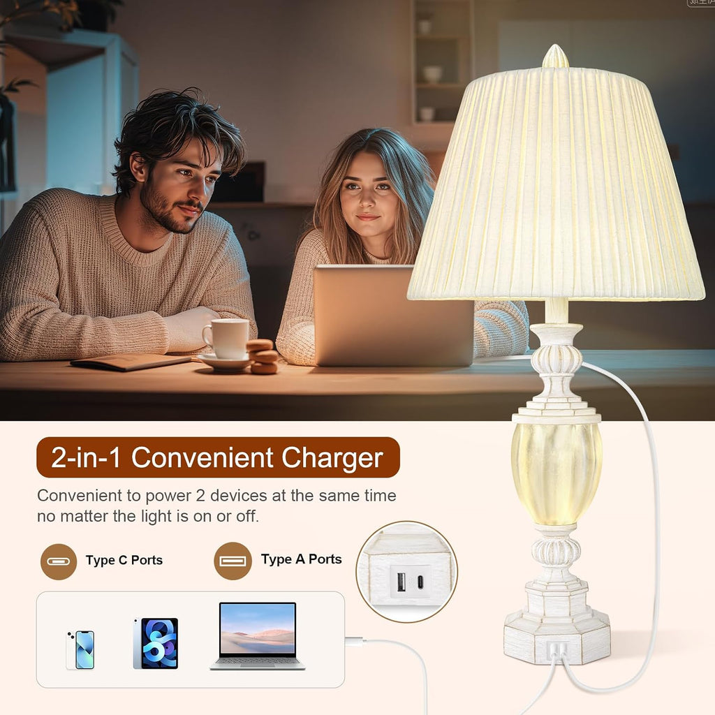 27' Rustic End Table Lamp Set of 2 with Night Light for Bedroom Living Room USB Charging Pots Farmhouse Bedside Lamp with Pleated Shade Boho Nightstand Lamps for Room Office Hotel Dorm(Bulb Included)