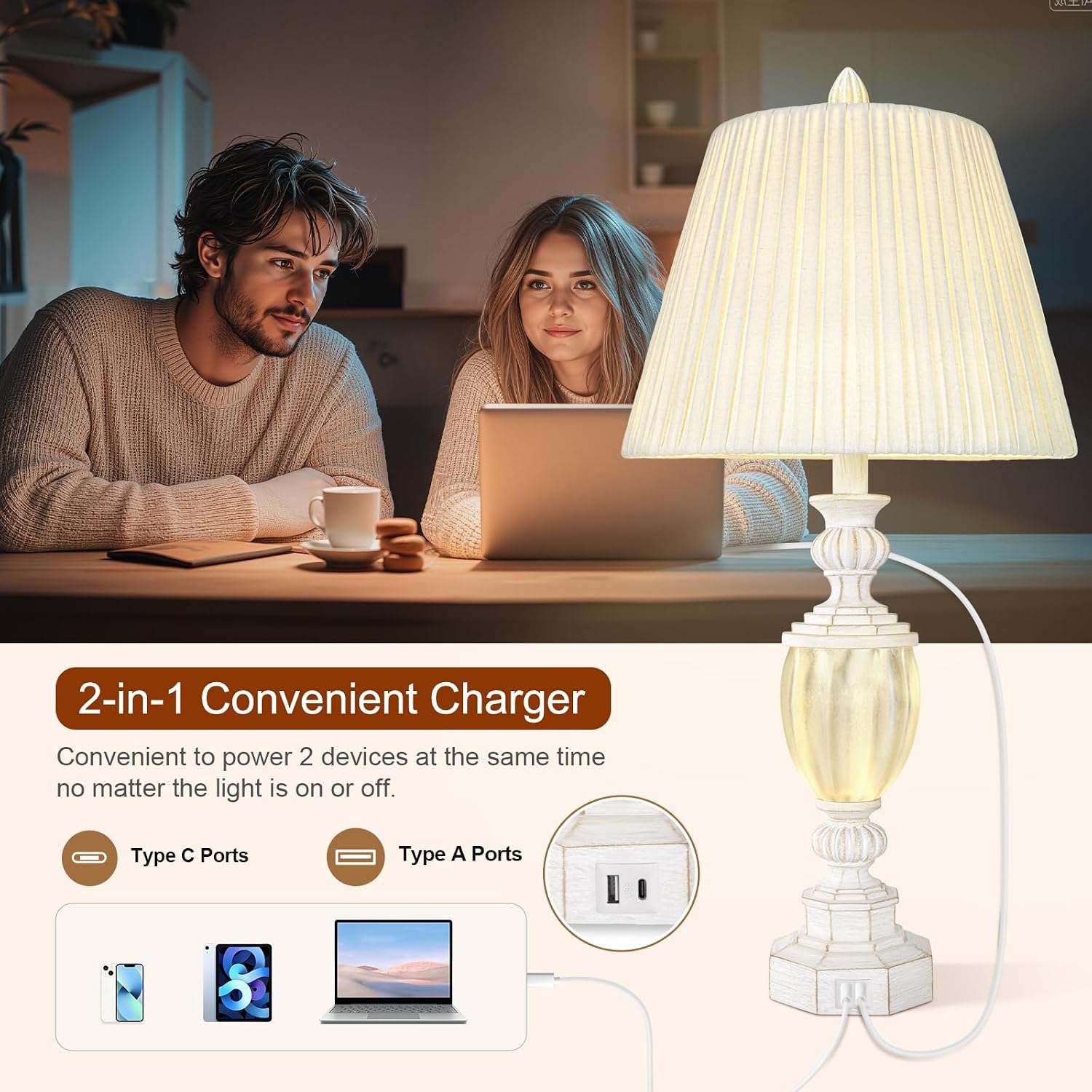 27' Rustic End Table Lamp Set of 2 with Night Light for Bedroom Living Room USB Charging Pots Farmhouse Bedside Lamp with Pleated Shade Boho Nightstand Lamps for Room Office Hotel Dorm(Bulb Included)