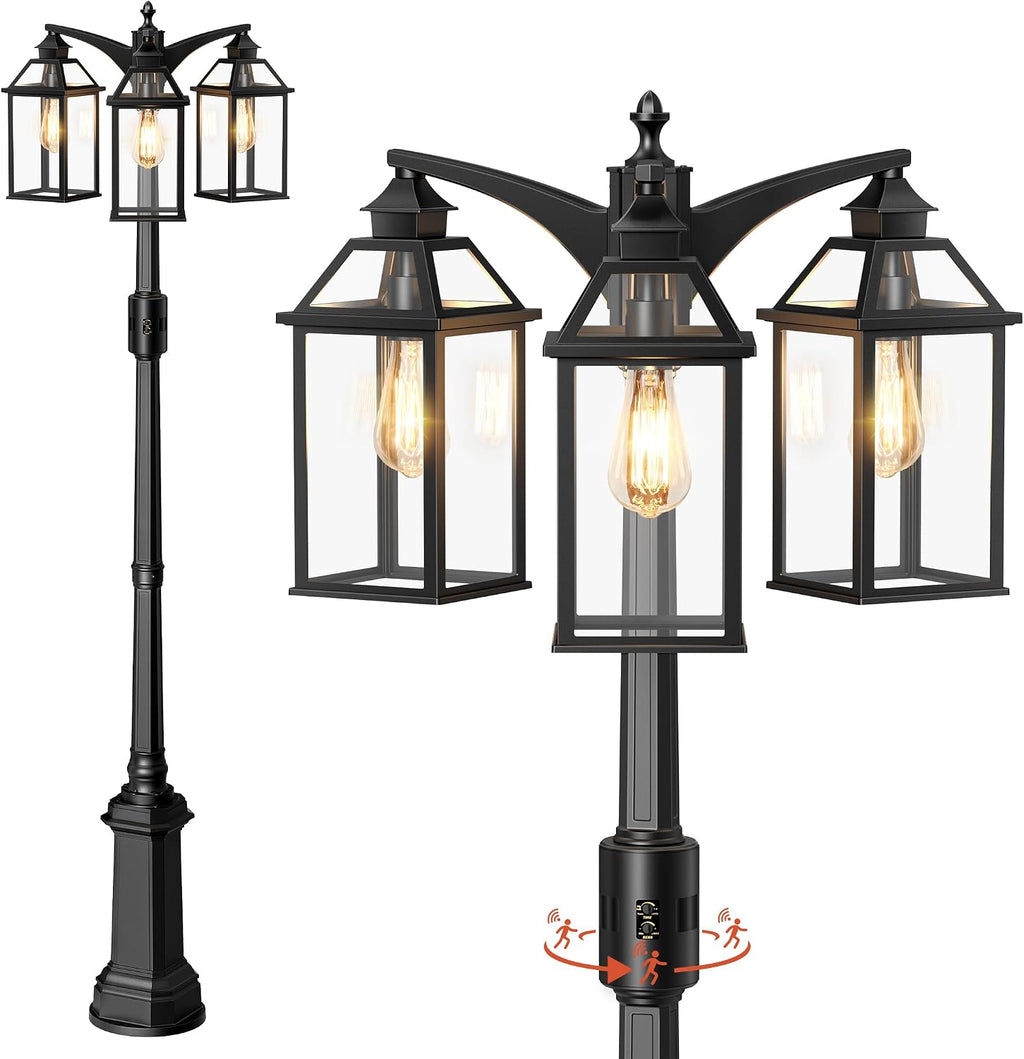 Outdoor Lamp Post Motion Sensor, Dusk to Dawn Pole Lights 3-Head, Classic Black 360°Detection Waterproof Anti-Rust Aluminum Street Lighting for Yard Backyard Patio Driveway