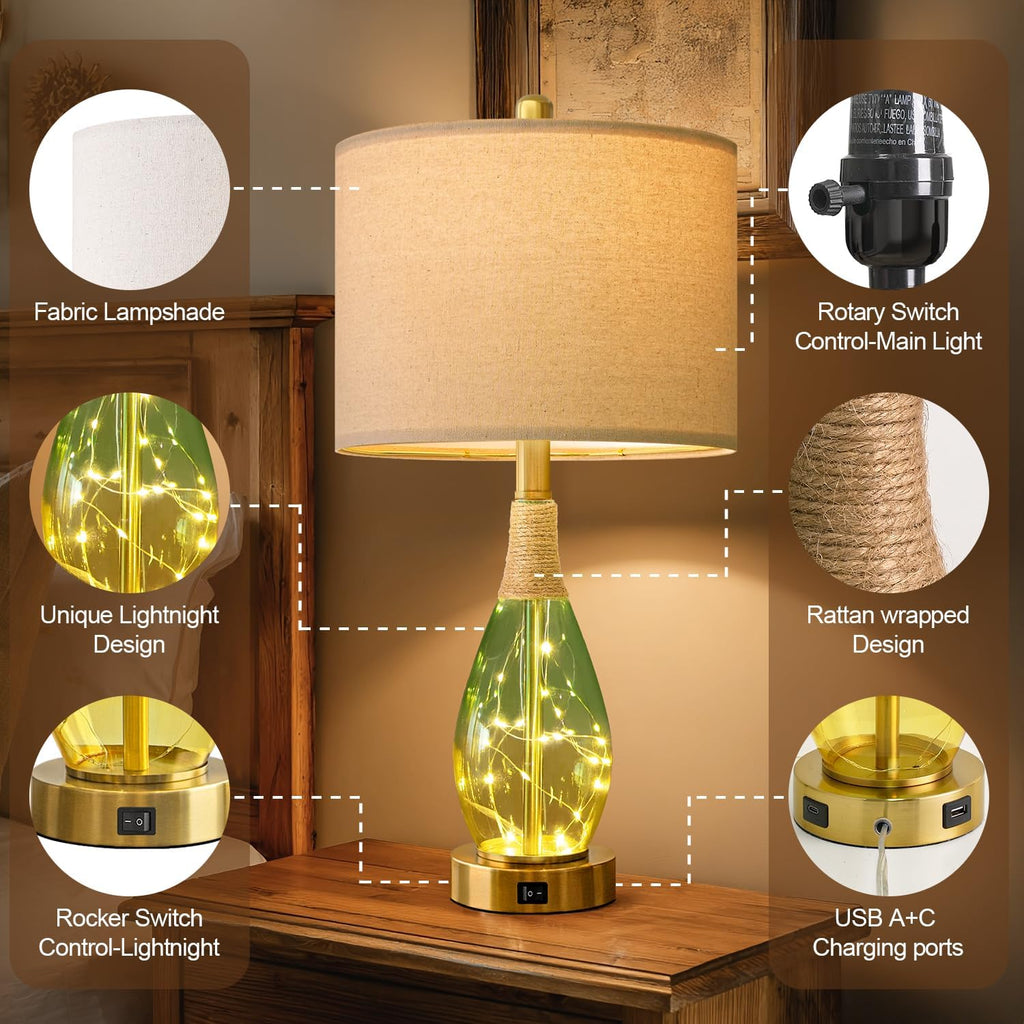 OYEARS 23' Table Lamps Set of 2,Farmhouse Lamps with Glass Nightlight, Bedside Lamps for Living Room, Rattan Lamps for Bedroom Nightstands, Two Light Points