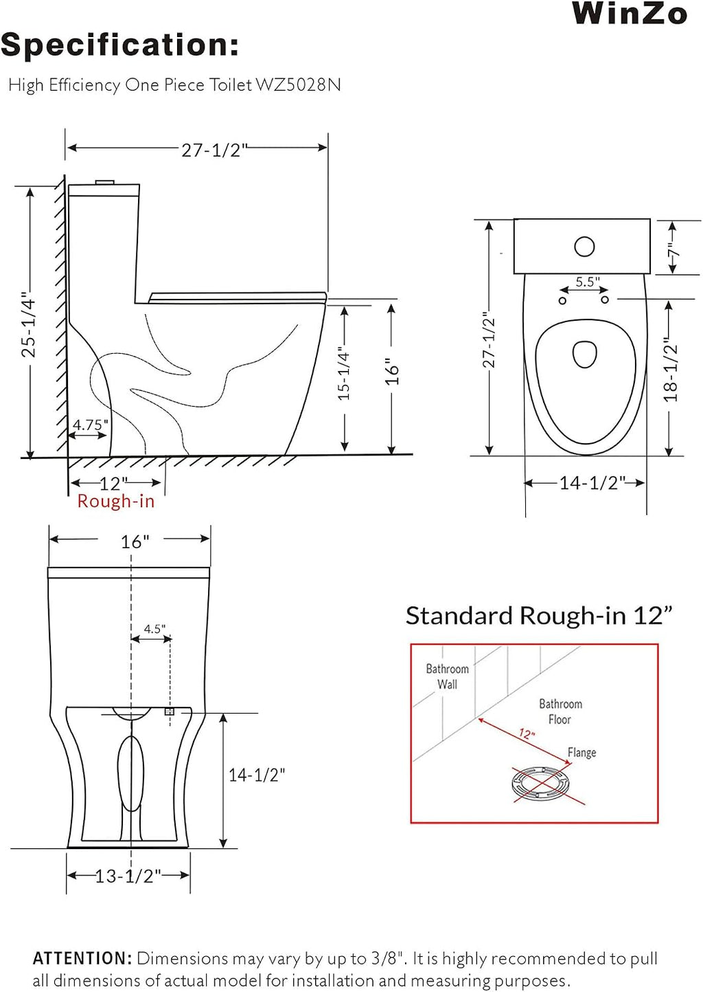 WinZo WZ5028N Elongated One Piece Toilet Dual Flush 1.1/1.6 GPF Soft Close Toilet Seat Standard Height for Modern Bathroom,12 inches Rough-in, White