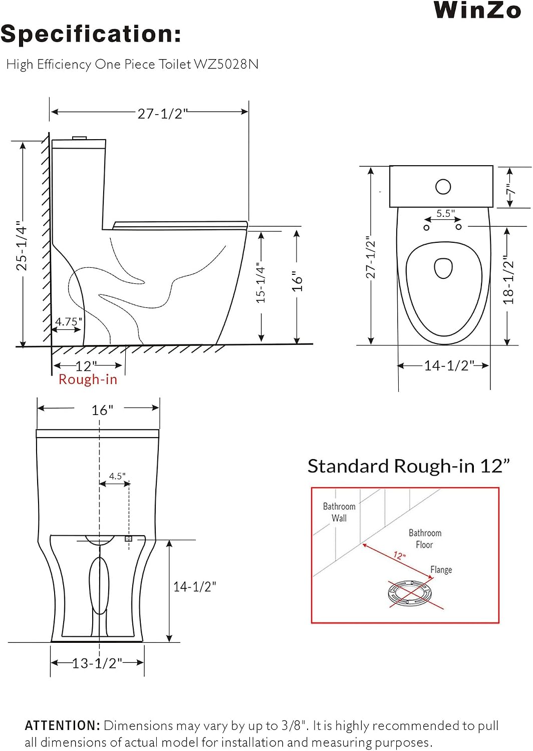 WinZo WZ5028N Elongated One Piece Toilet Dual Flush 1.1/1.6 GPF Soft Close Toilet Seat Standard Height for Modern Bathroom,12 inches Rough-in, White