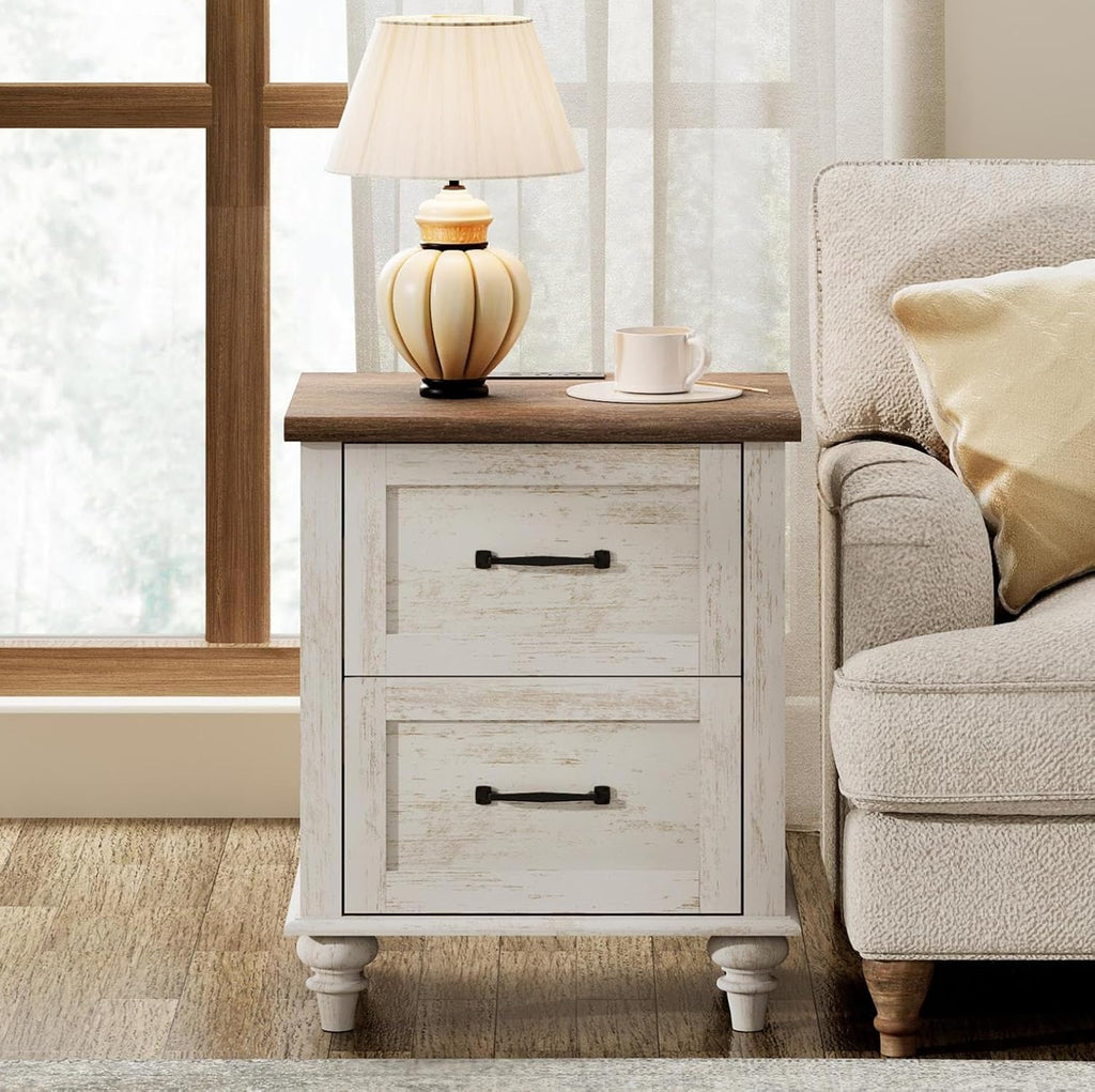 WAMPAT Night Stands for Bedrooms Set of 2 End Tables with Charging Station, 2 Drawer Nightstand Wood Bedside Table, Farmhouse Side Table for Living Room & Study, Antique White